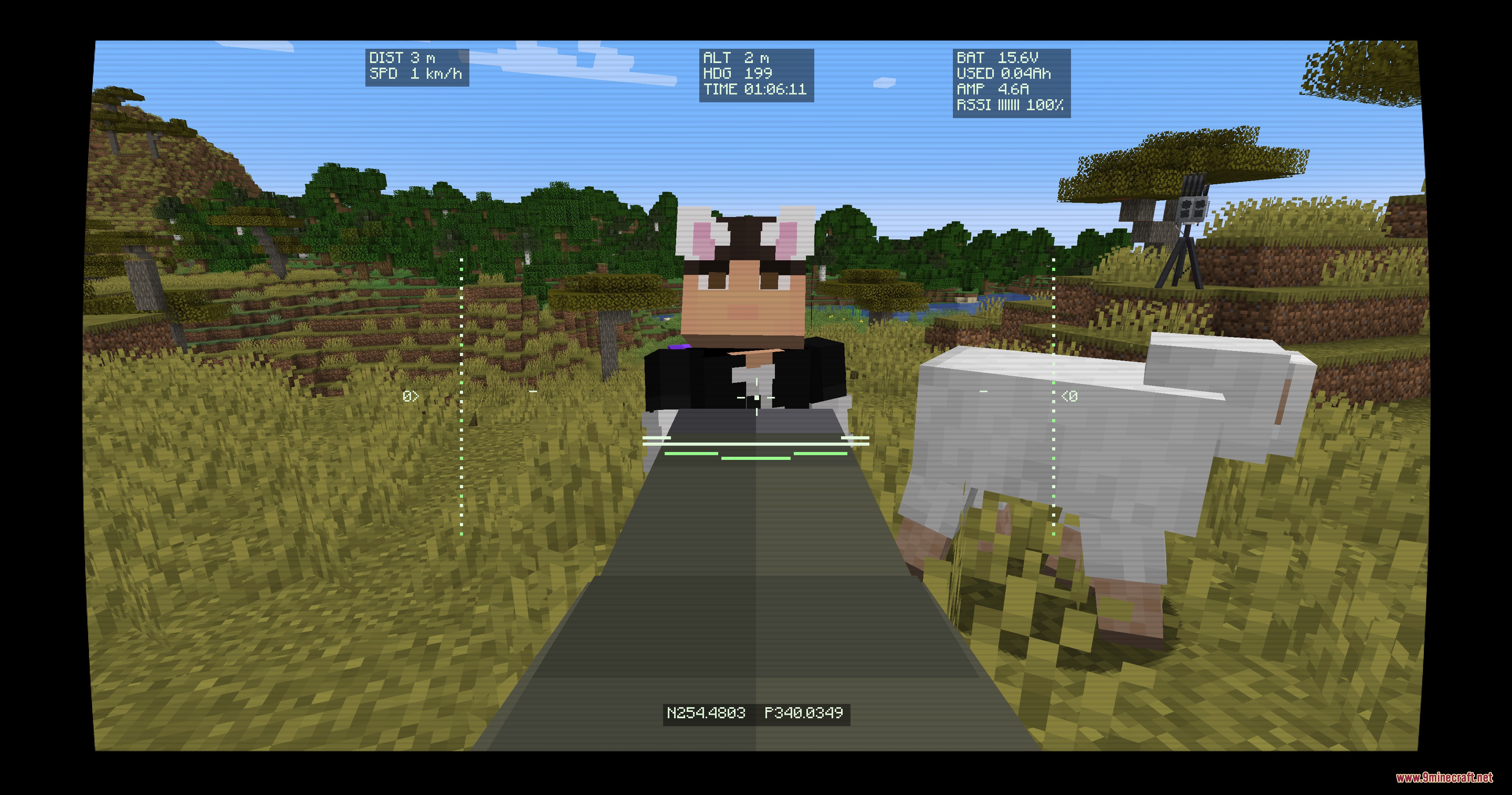 Remote Strike Protocol Mod Screenshot 4 First person drone camera view showing telemetry data while tracking a player and sheep