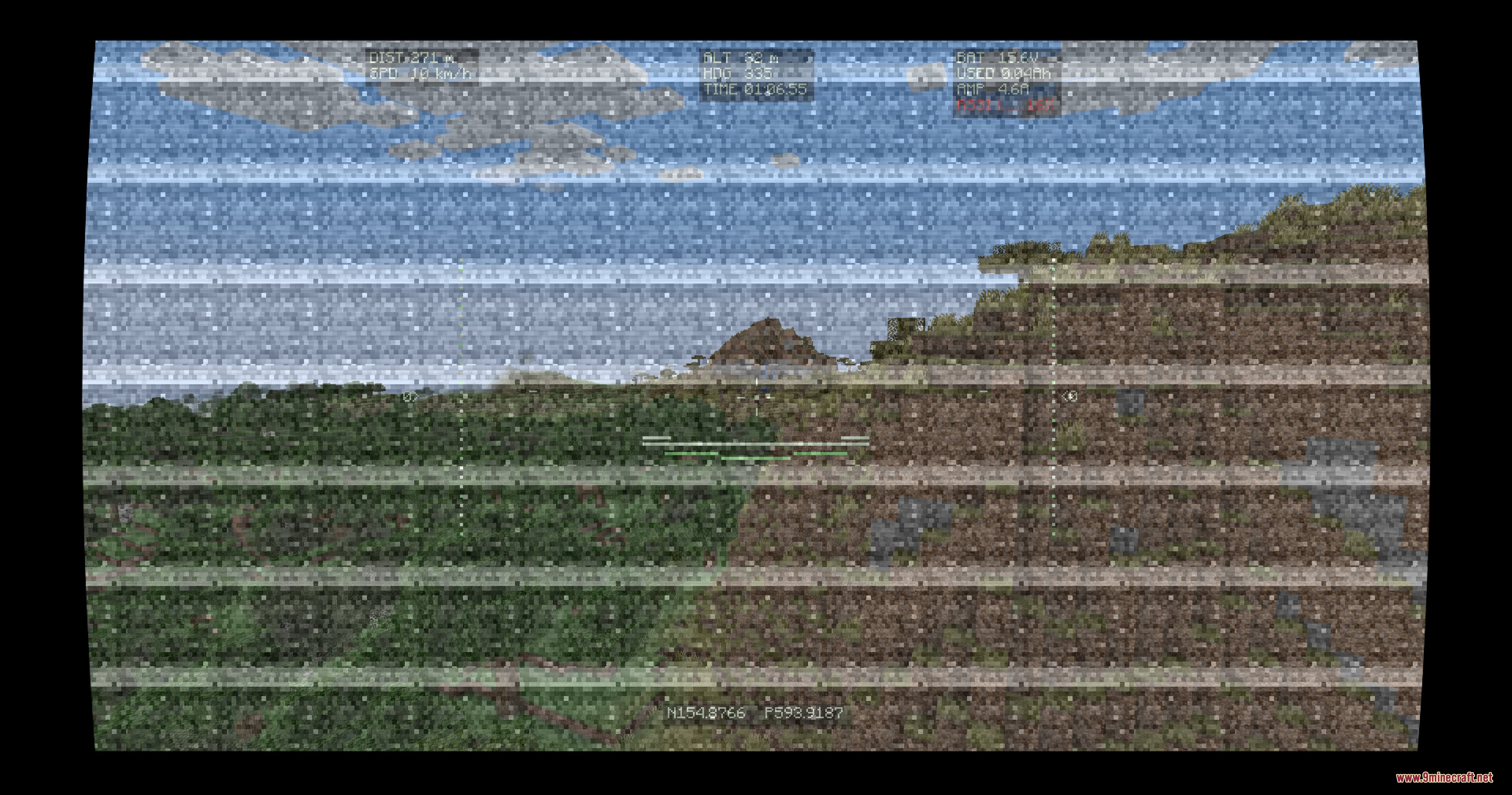 Remote Strike Protocol Mod Screenshot 6 Grainy camera feed from a reconnaissance drone flying over a vast Minecraft landscape