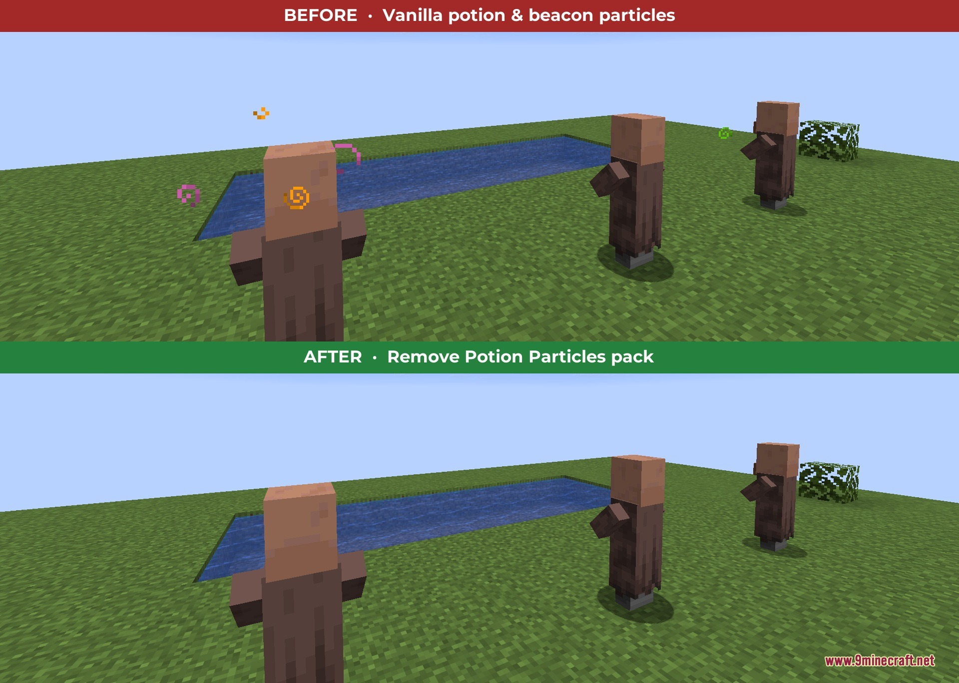 Comparison showing villagers with potion particles and without them in the game