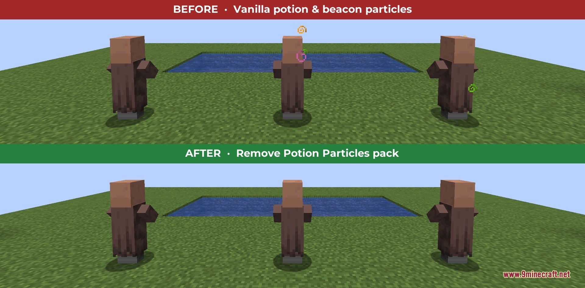 Before and after comparison of three villagers with potion effect particles removed