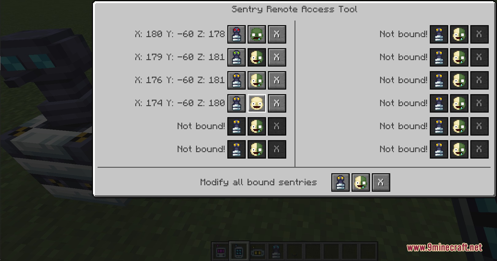 Sentry Remote Access Tool menu showing coordinates and status of bound sentries