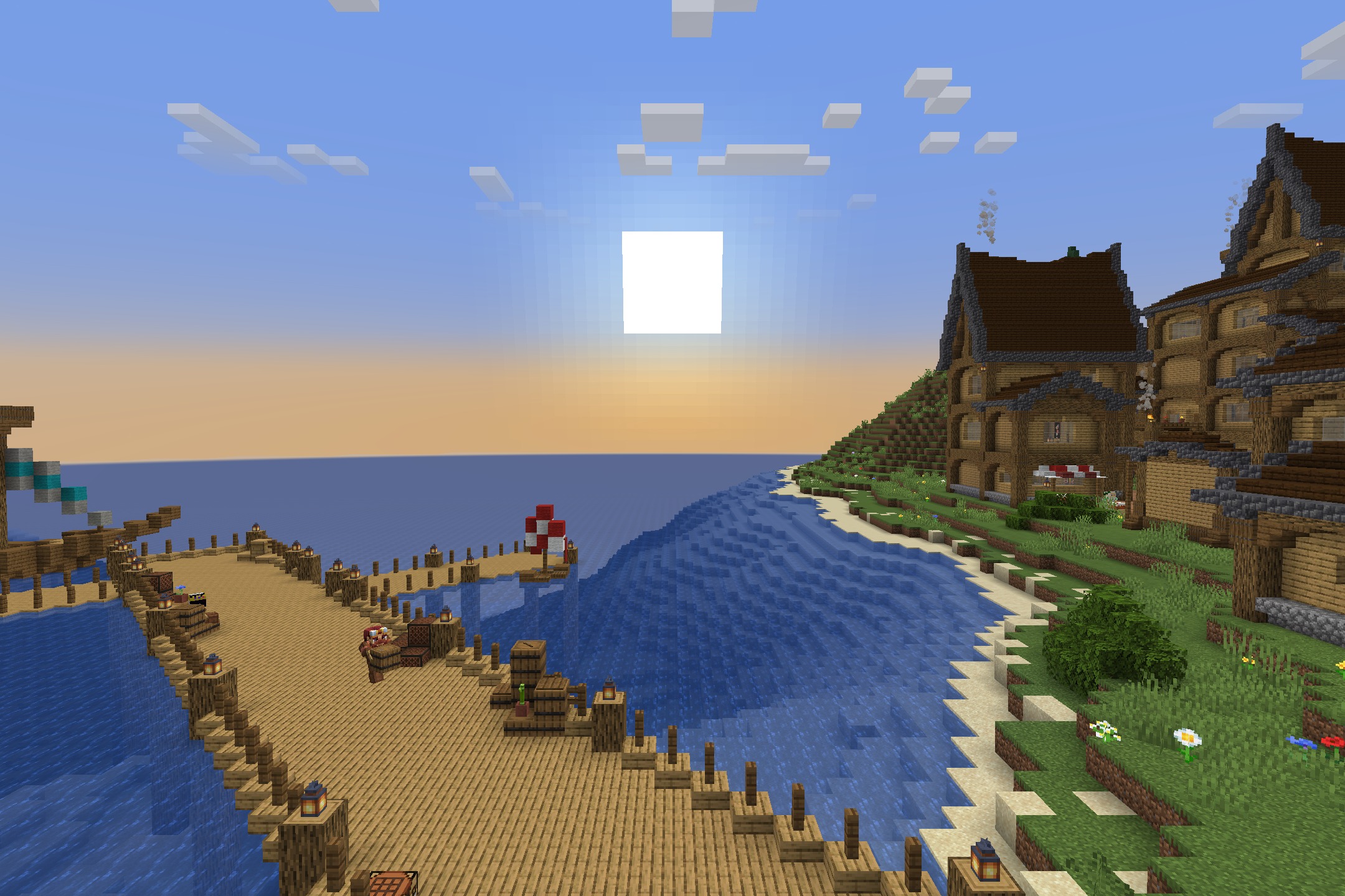 Coastal village from Repurposed Structures with a wooden pier at sunset