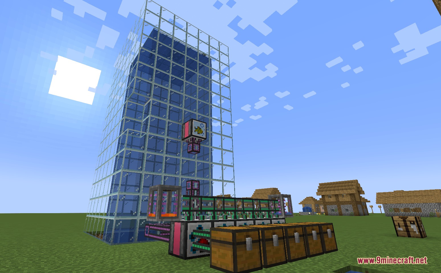 Resource Fish Mod Screenshot 2 A large glass fish tank setup with automated resource collection and processing machines
