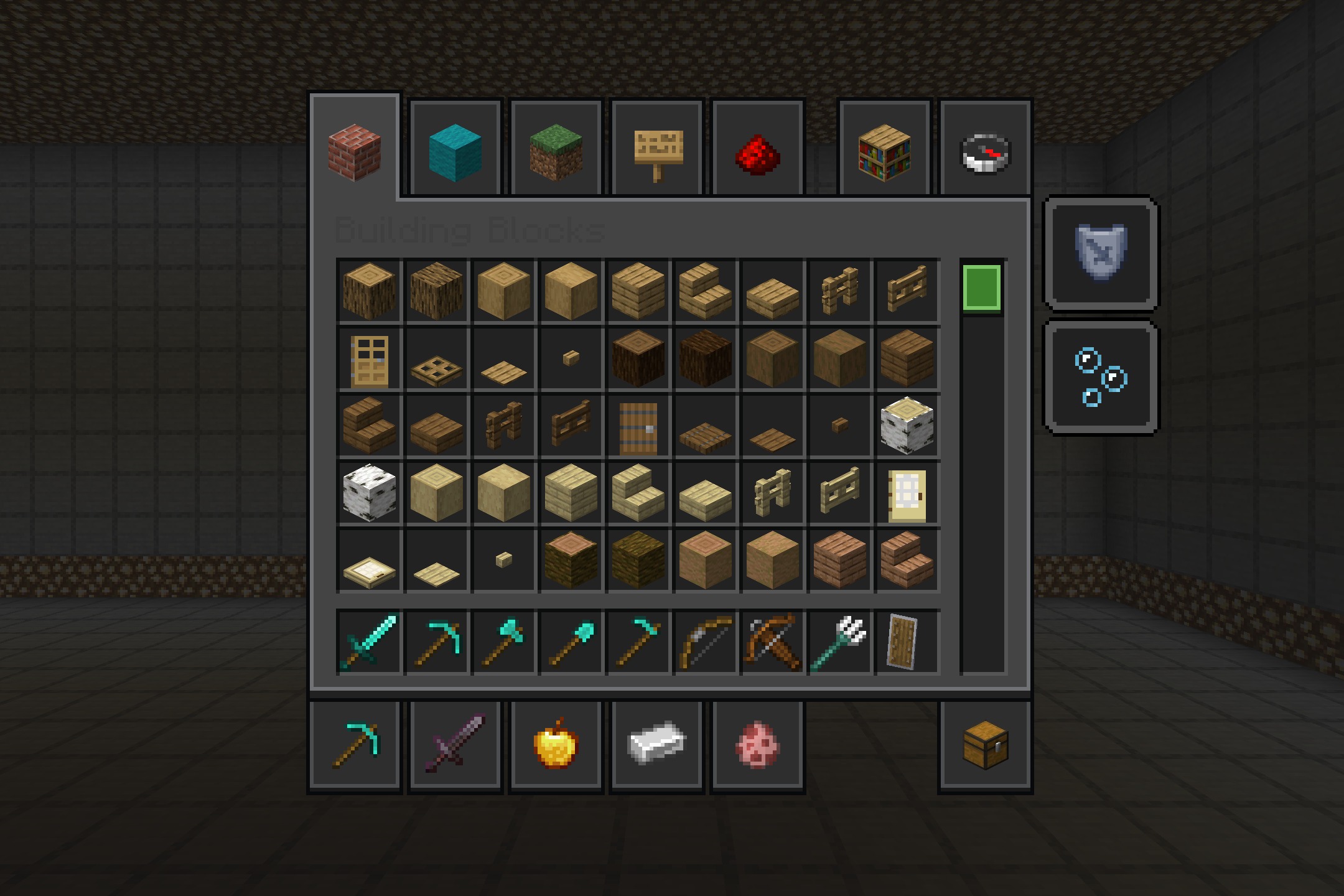 Rethoughted GUI Resource Pack Screenshot 1 Rethoughted GUI Resource Pack displays a dark modern creative inventory menu layout