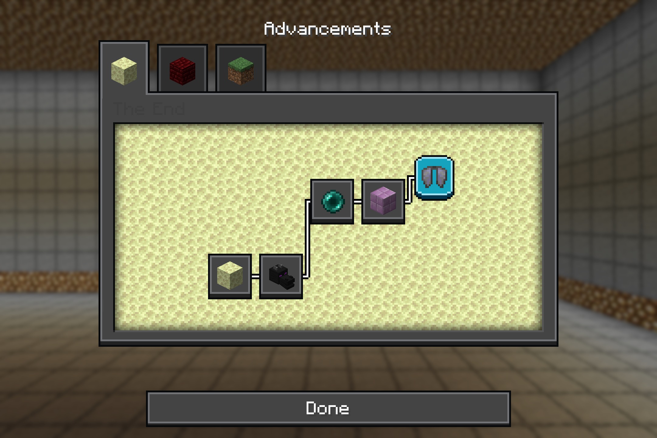 Rethoughted GUI Resource Pack Screenshot 2 The advancements screen showing The End progress with a dark modern interface