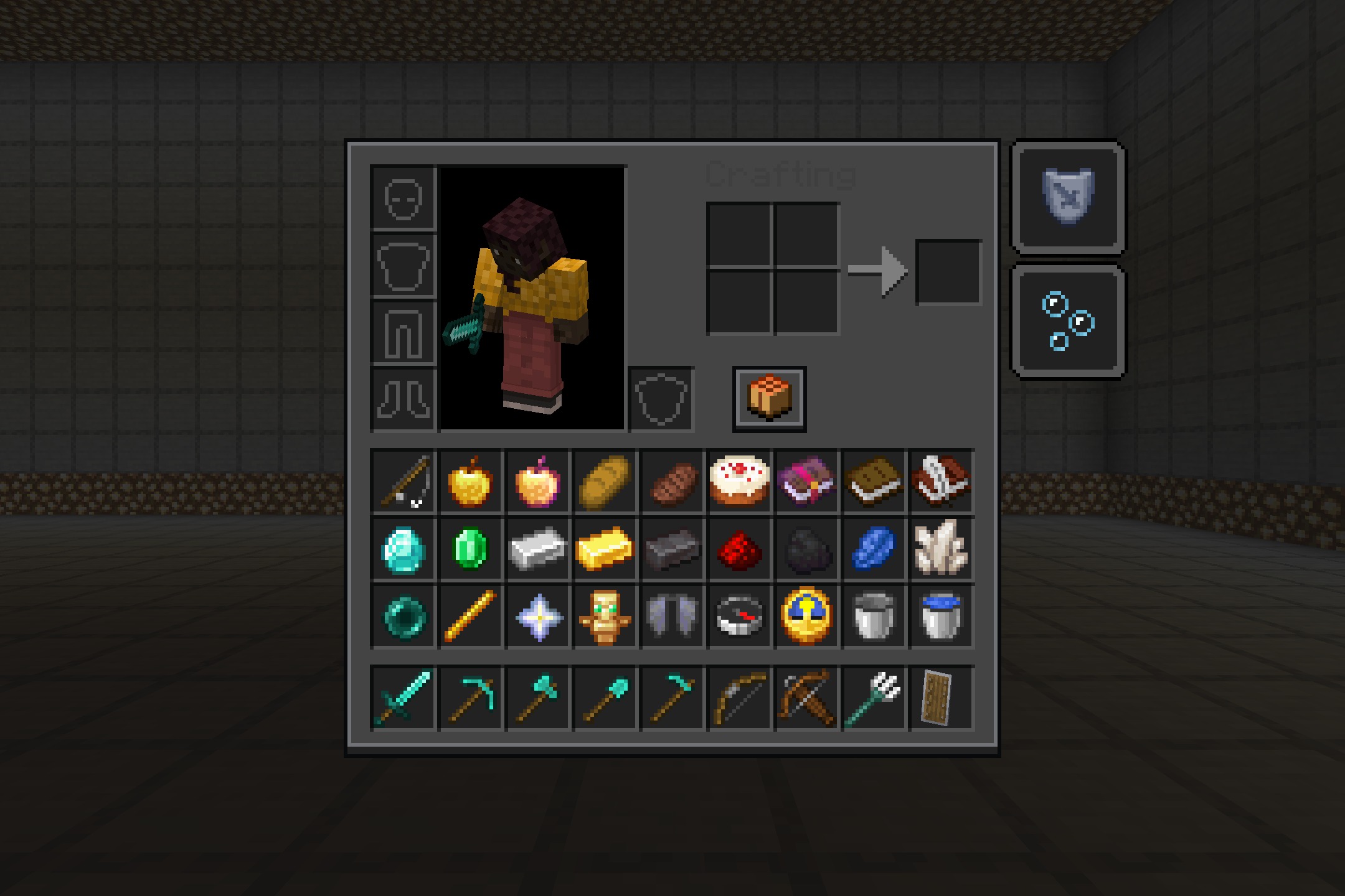 Rethoughted GUI Resource Pack Screenshot 3 A dark modern Minecraft inventory screen displaying various tools and survival items