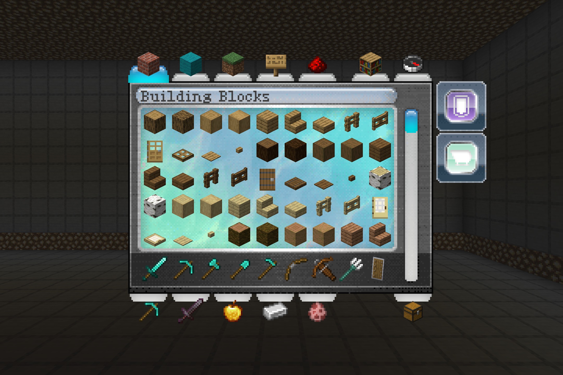 Retro plastic interface redesign for the creative inventory menu in Minecraft