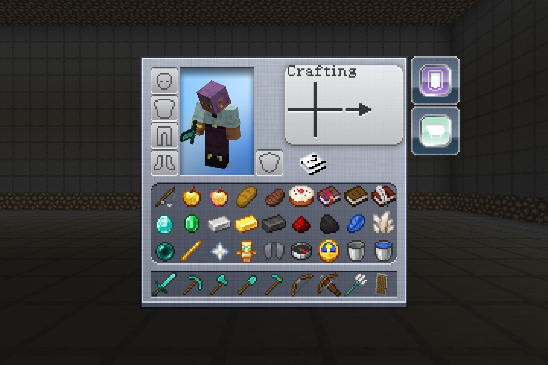 Minecraft inventory screen displaying items with a custom bright retro plastic interface