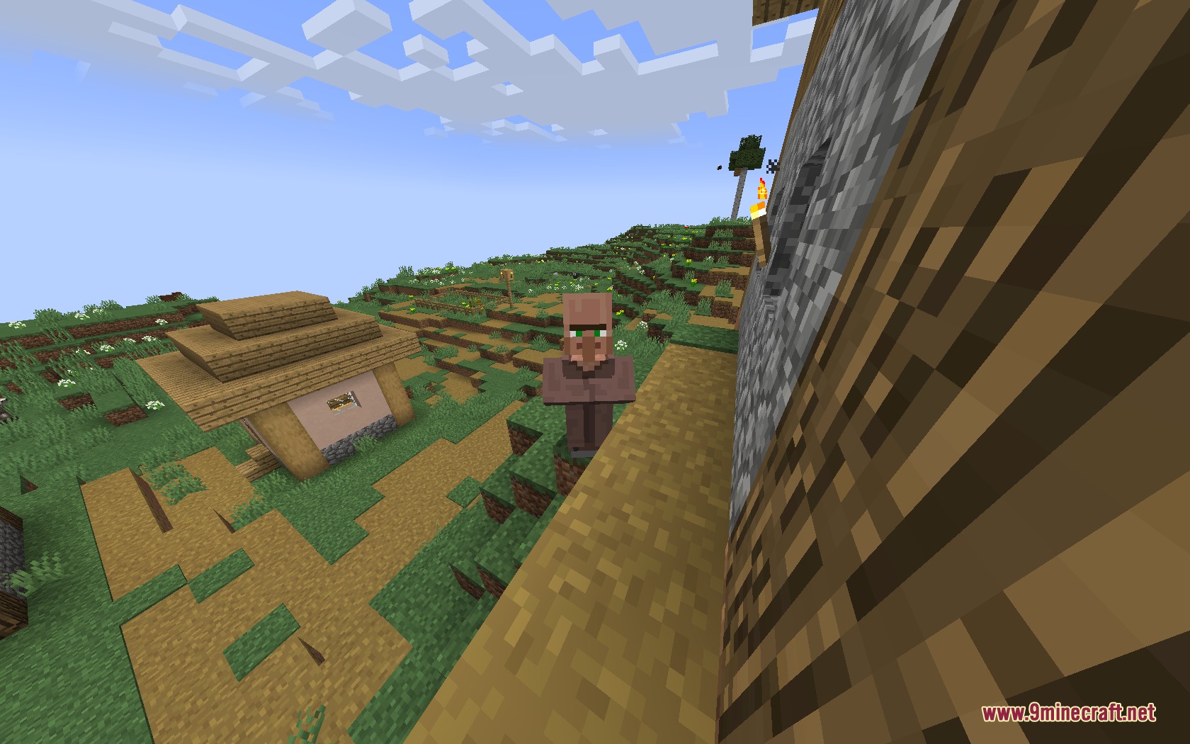 Retrograde Vision Resource Pack Screenshot 2 A classic style villager stands on a dirt path in a village