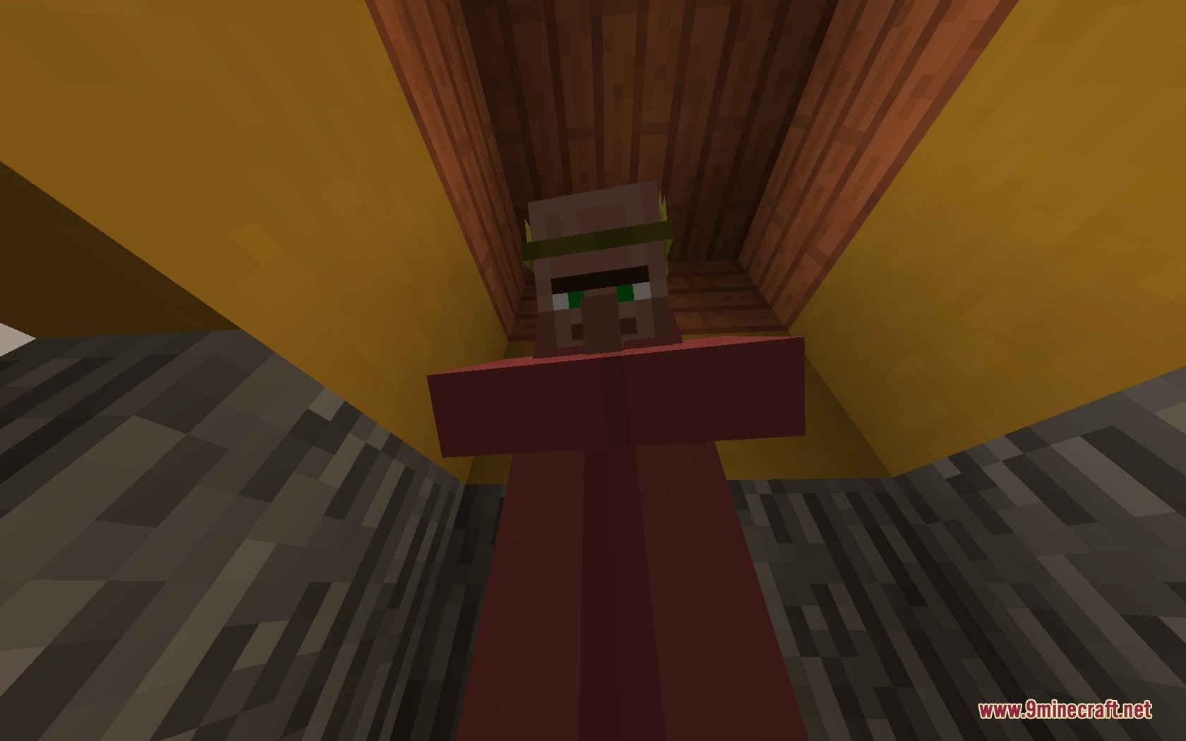 Retrograde Vision Resource Pack Screenshot 4 A villager with a green headband looking down at the player in Minecraft