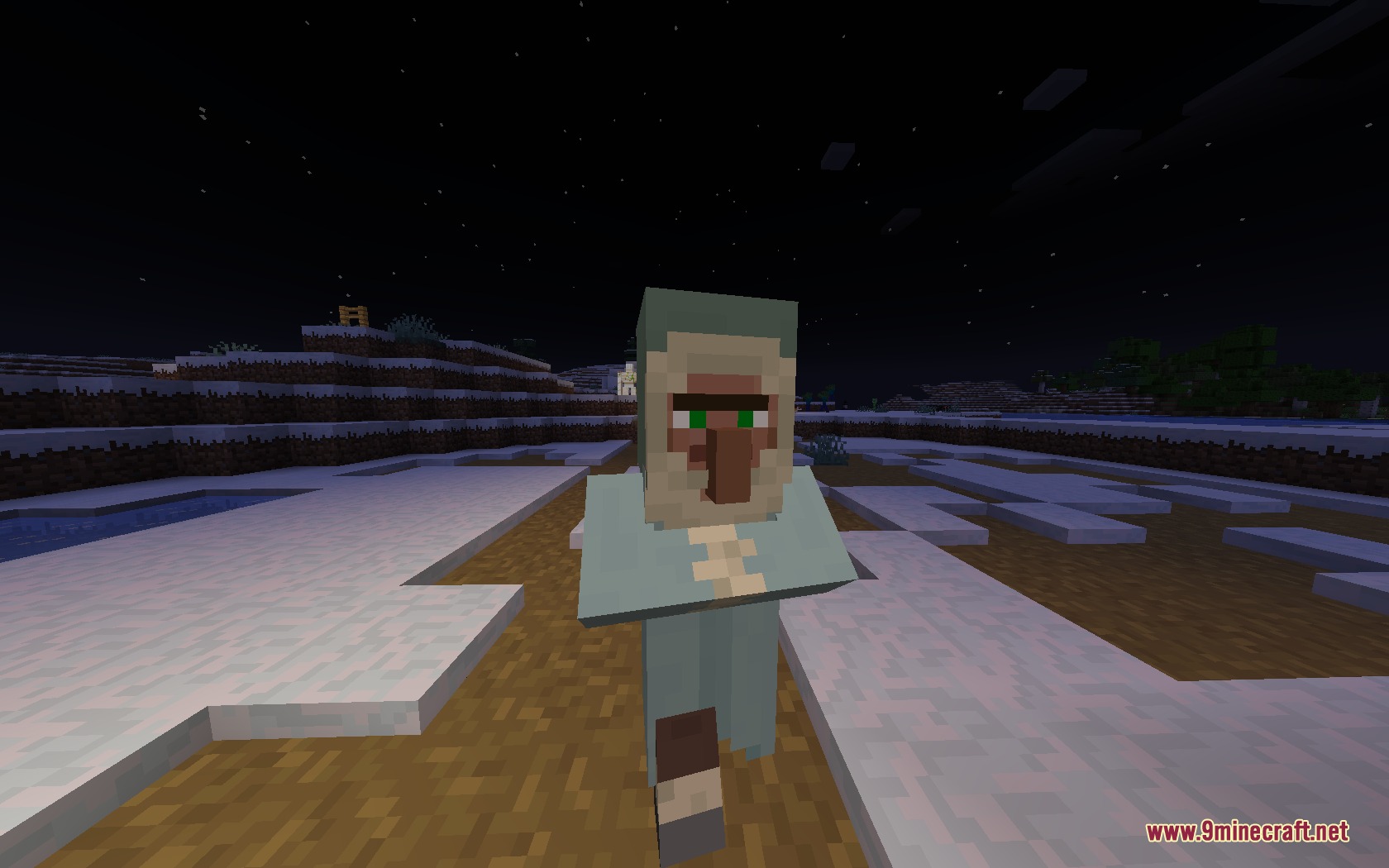 Retrograde Vision Resource Pack Screenshot 5 A villager in classic blue clothing stands in a snowy biome at night