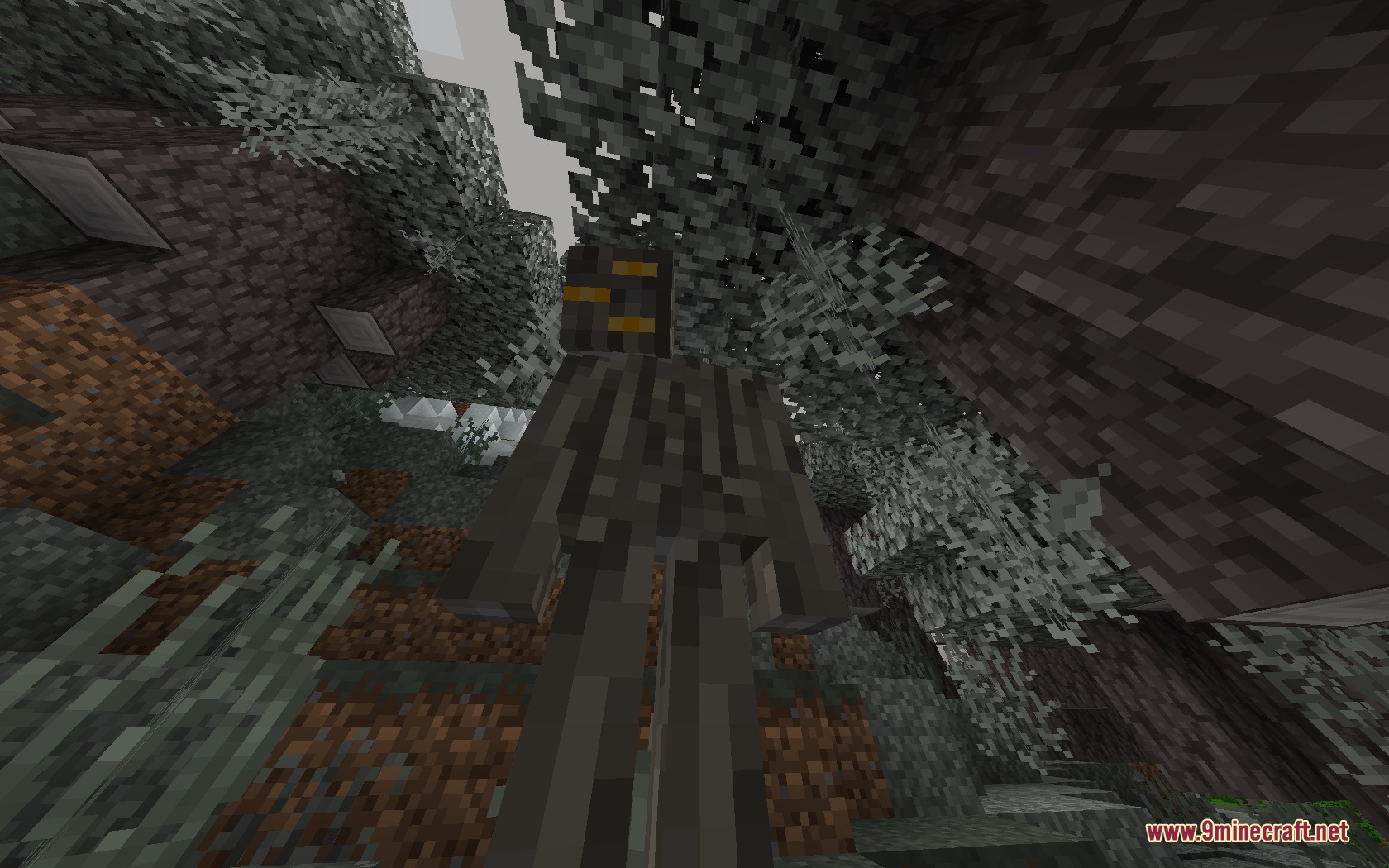 Retrograde Vision Resource Pack Screenshot 6 A skeleton mob with retro textures stands among cobwebs in a dark forest
