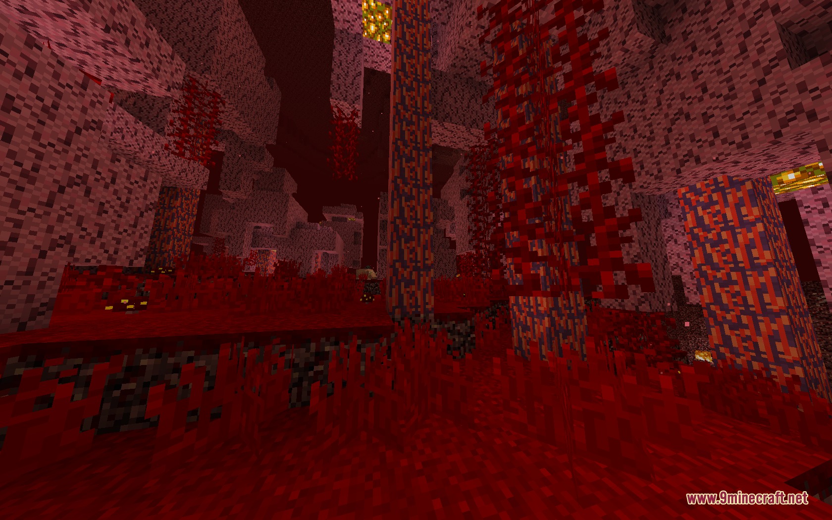 Retrograde Vision Resource Pack Screenshot 8 Red crimson trees and vines in the Nether using retro programmer art textures
