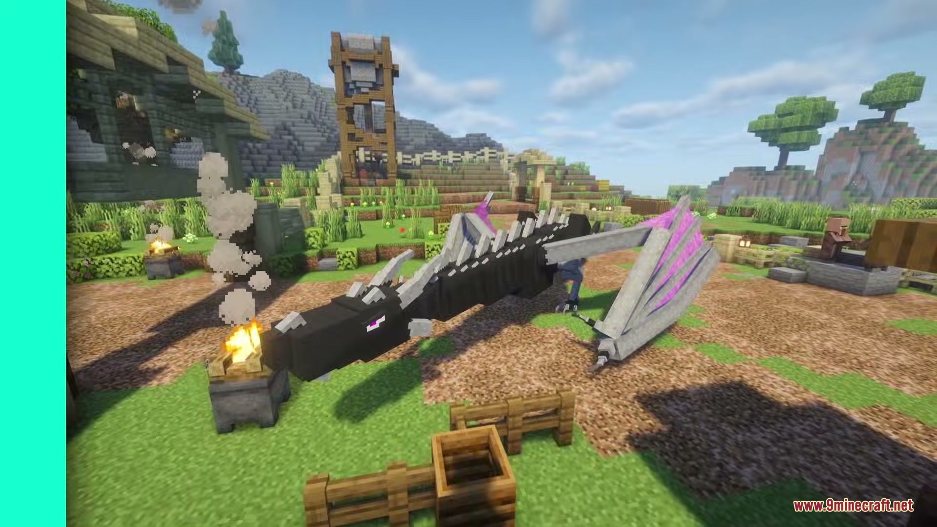 Riders of Dragons Mod Screenshot 1 A large black dragon with purple wings resting in a Minecraft village