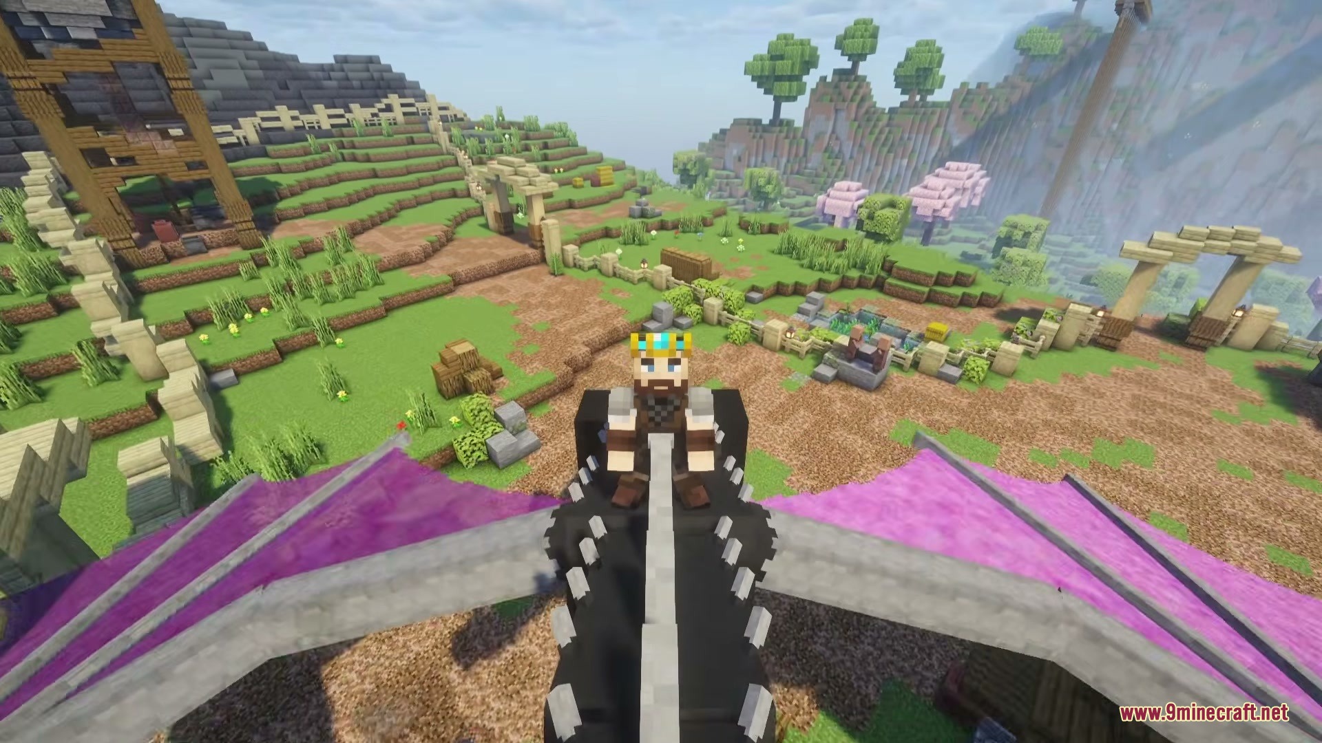 Riders of Dragons Mod Screenshot 2 A player riding a dragon from the Riders of Dragons Mod over hills