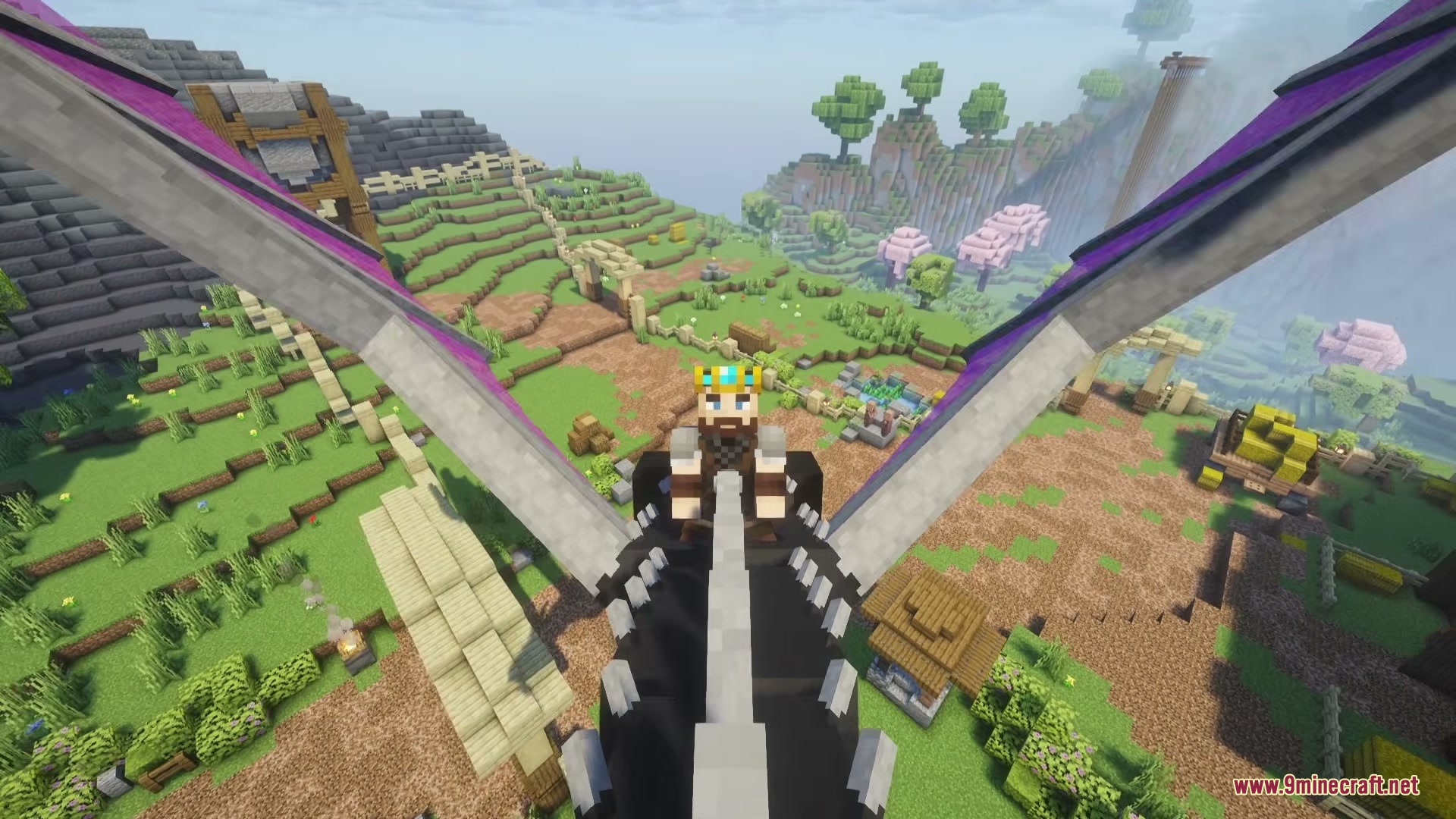 Riders of Dragons Mod Screenshot 3 A player rides a dragon from the Riders of Dragons Mod over hills