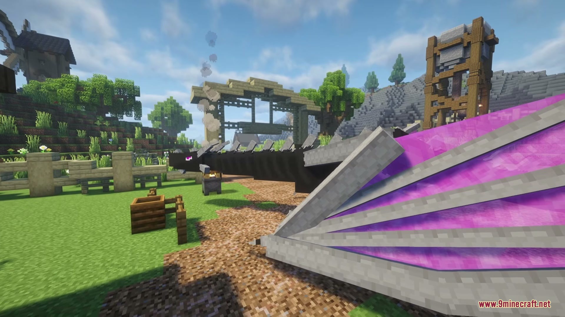 Riders of Dragons Mod Screenshot 4 A large black dragon with purple wings stands in a Minecraft village
