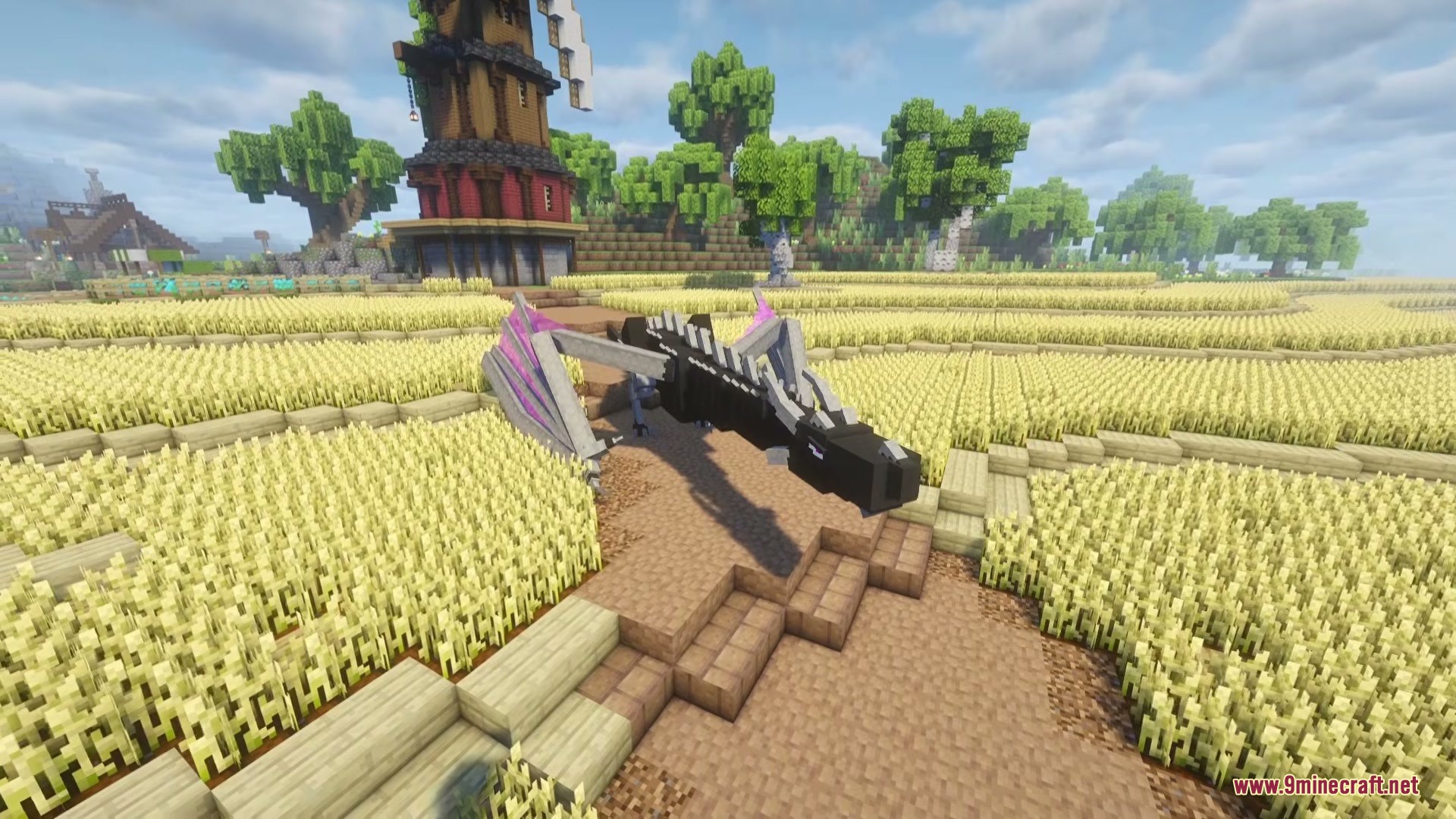 Riders of Dragons Mod Screenshot 5 A black dragon with purple wings standing in a golden wheat field