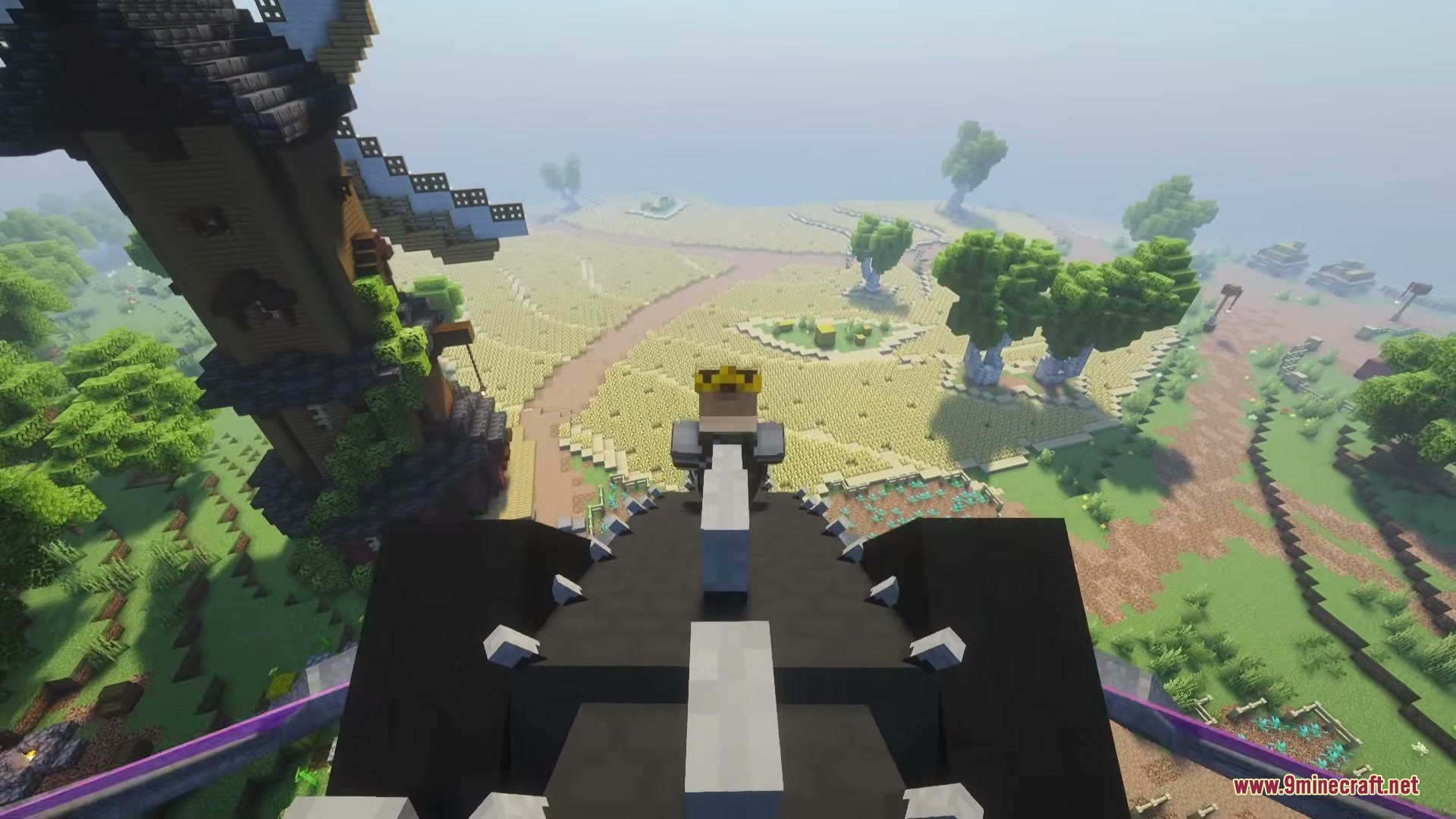 Riders of Dragons Mod Screenshot 7 Player riding a black dragon from Riders of Dragons Mod over a farm
