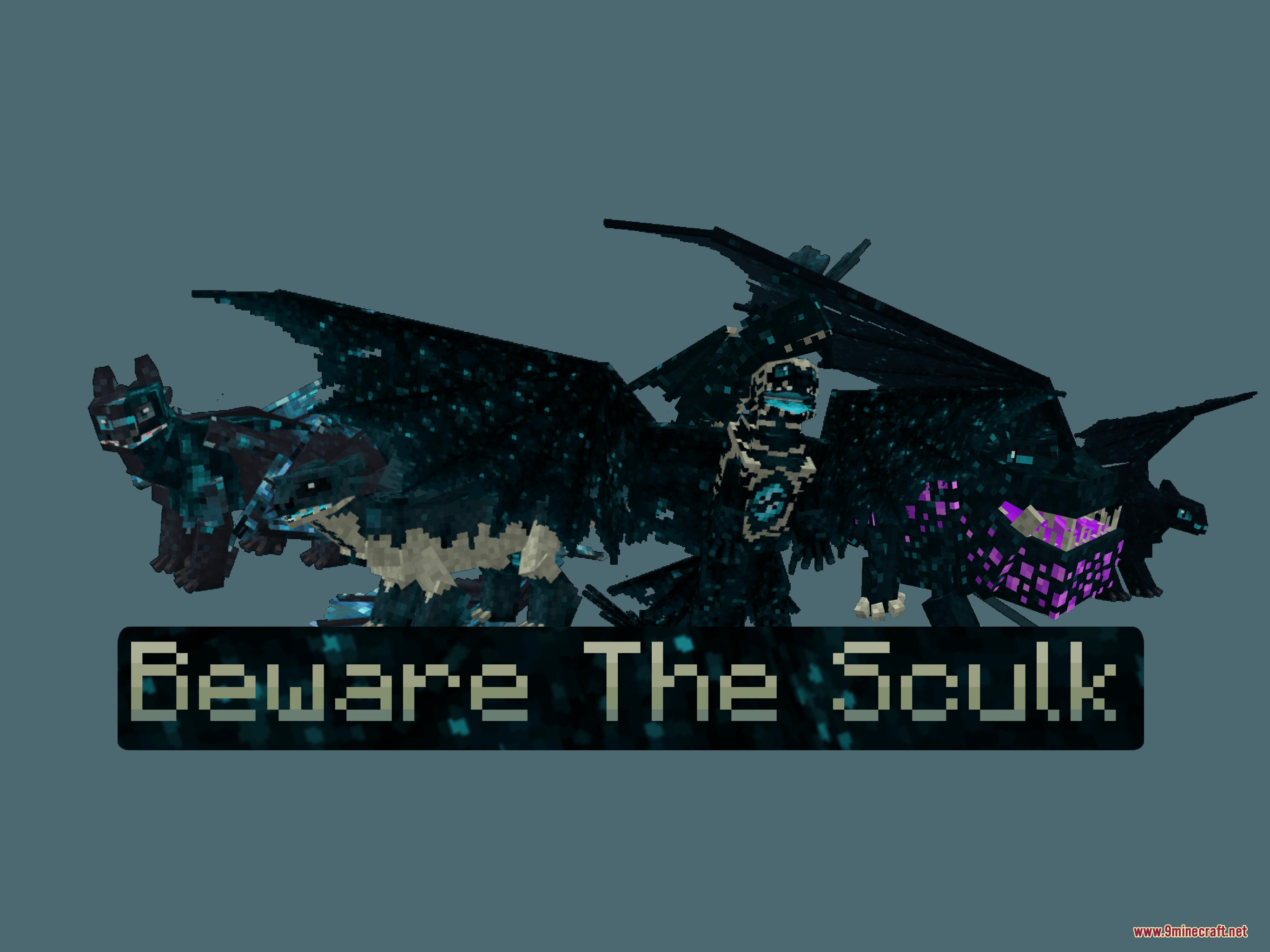 Rift Side Realms Resource Pack Screenshot 1 A group of dark sculk dragons with glowing purple accents and text