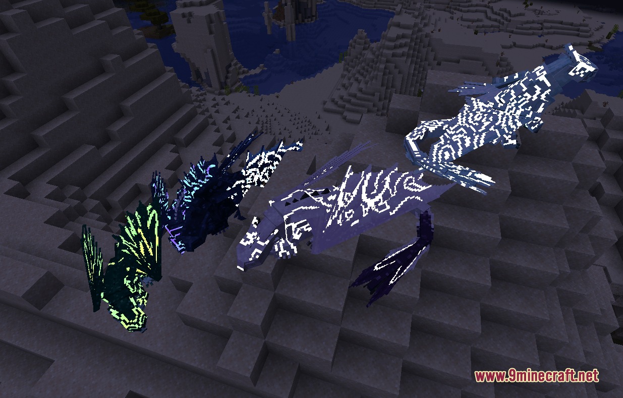 Rift Side Realms Resource Pack Screenshot 3 Large dragons with glowing sculk patterns flying over a dark Minecraft landscape