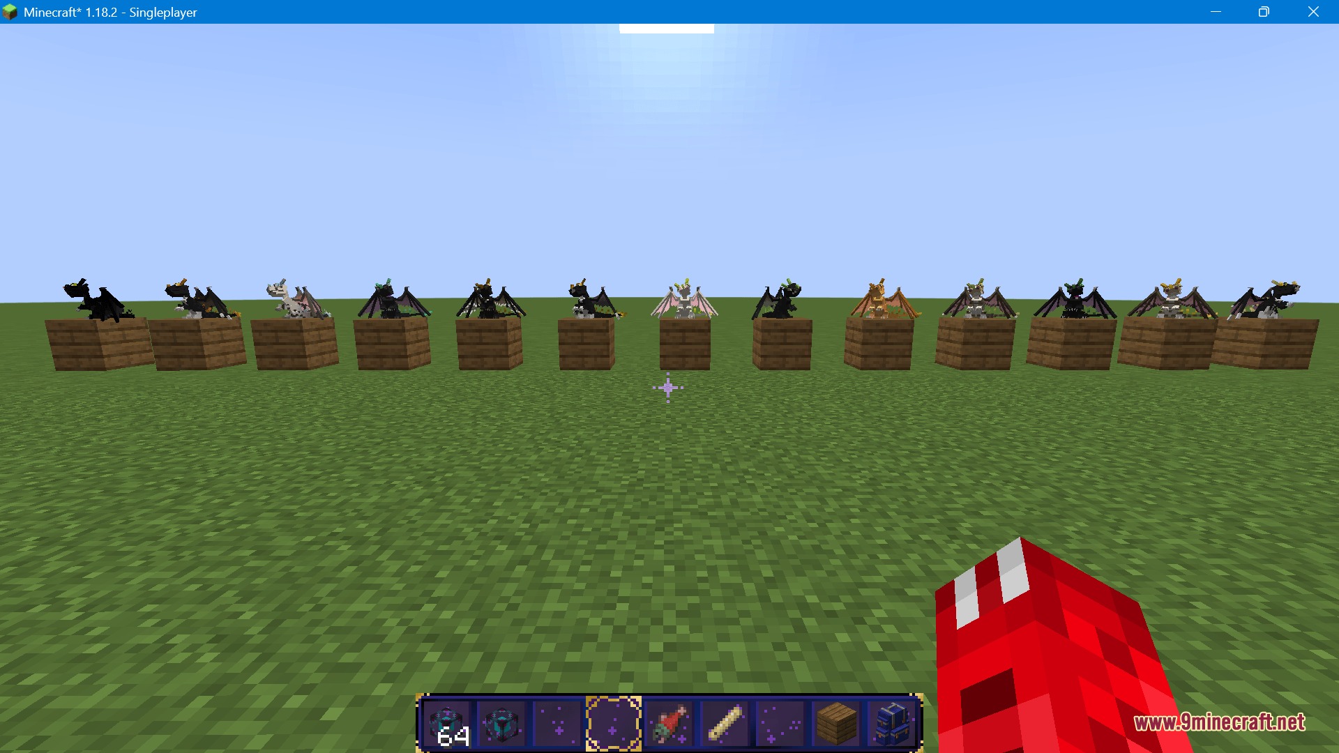 Rift Side Realms Resource Pack Screenshot 4 A row of small dragons sitting on wooden blocks in a grassy field