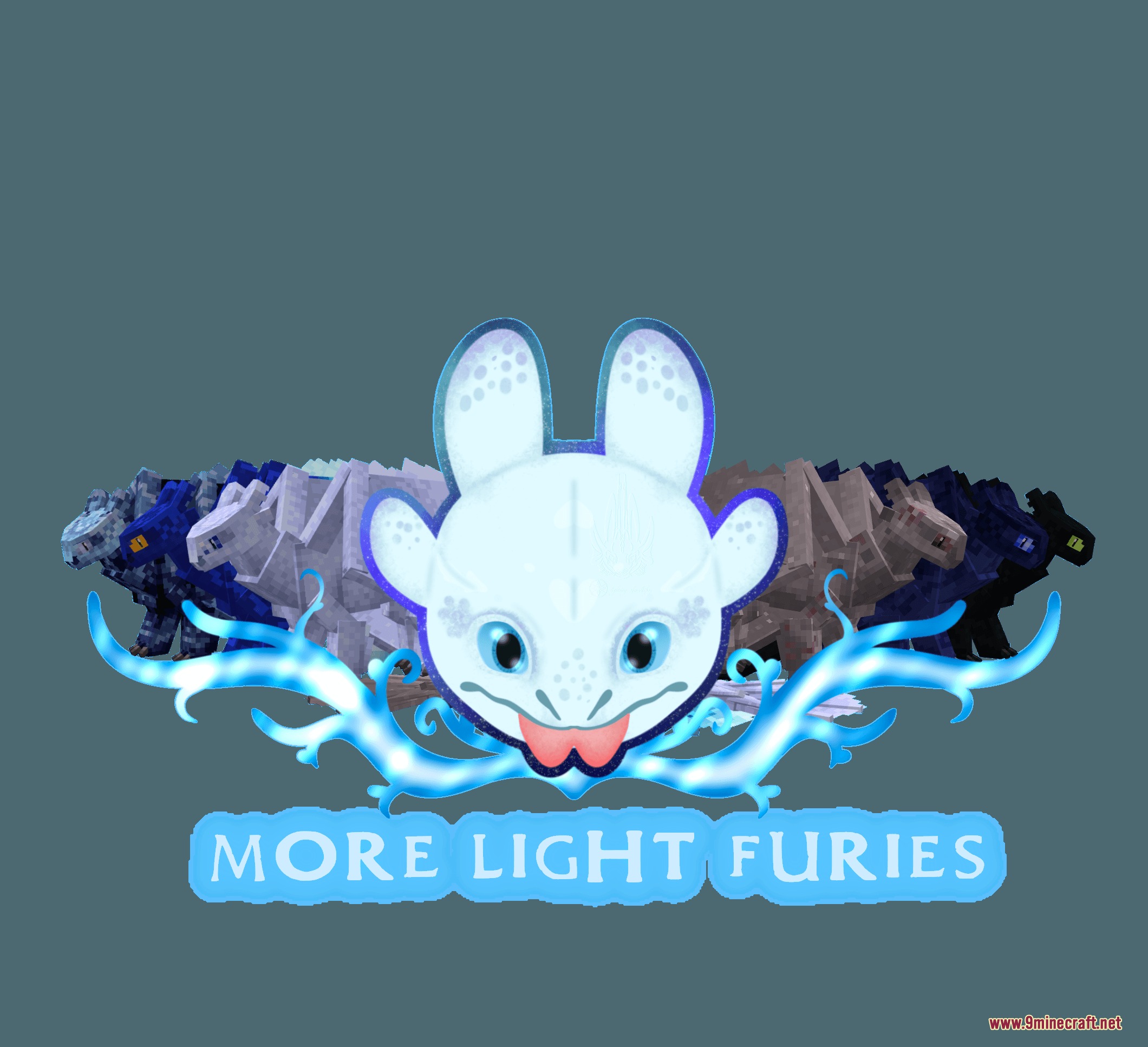 Rift Side Realms Resource Pack Screenshot 7 A white dragon head logo with glowing blue horns and blocky dragon models