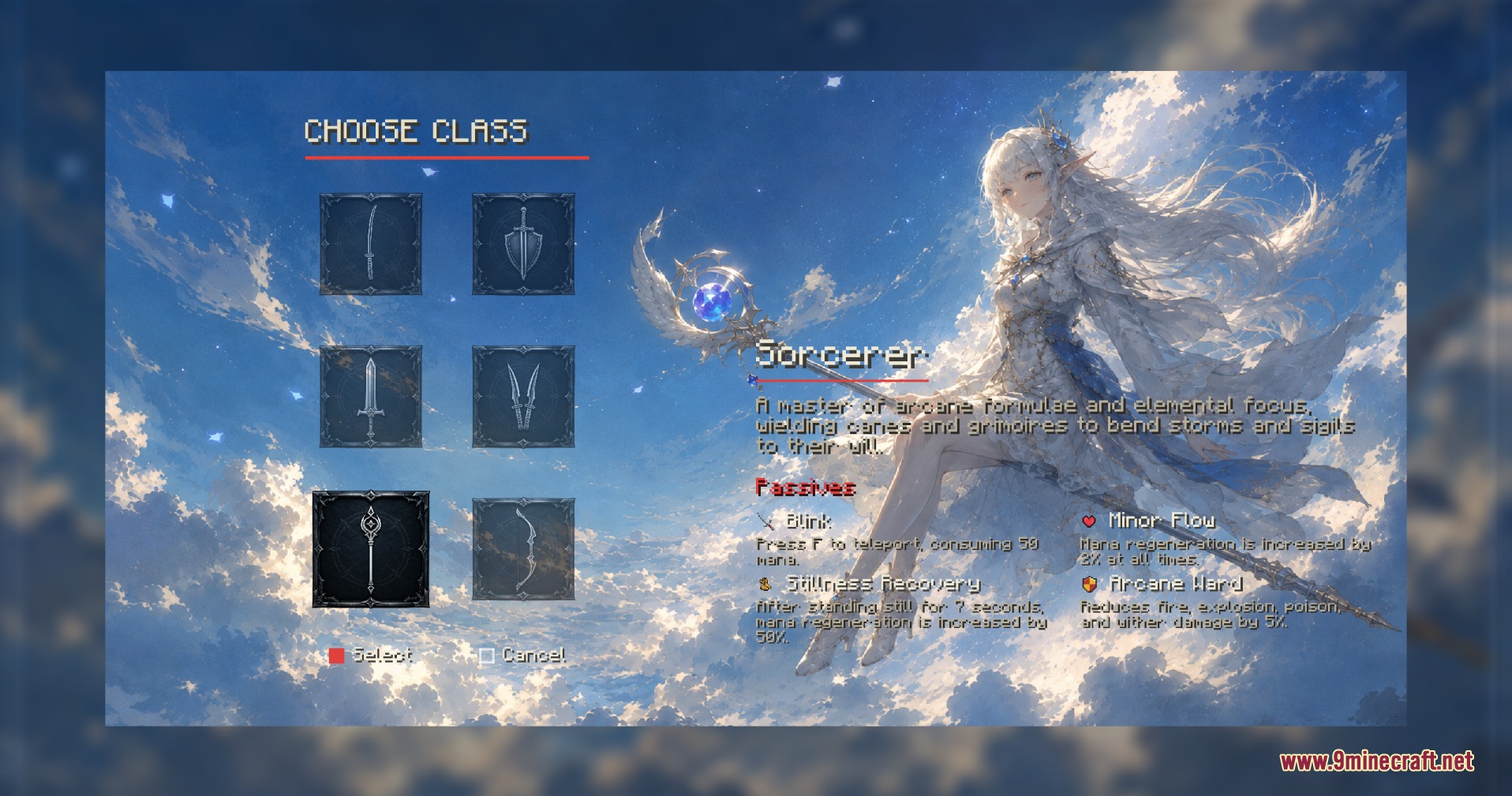 Rise of Heroes Mod Screenshot 2 The Sorcerer class selection menu shows a magical character and passive abilities