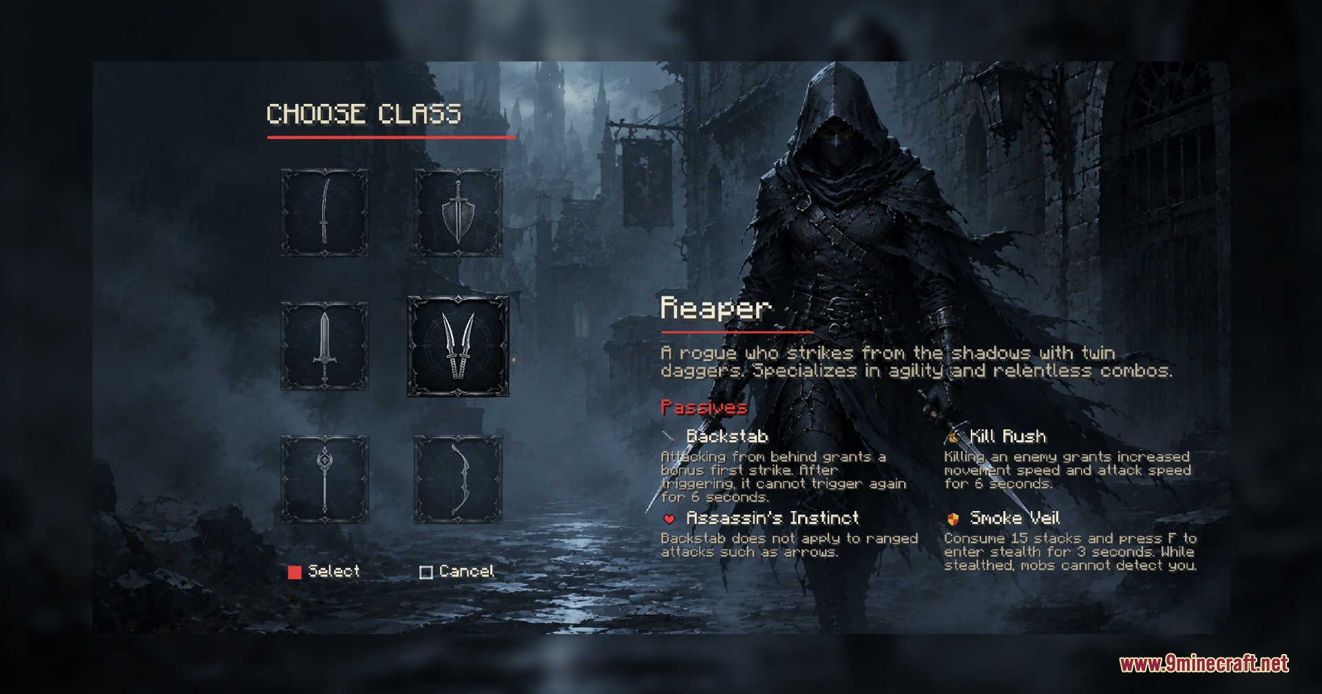 Rise of Heroes Mod Screenshot 4 A hooded Reaper rogue with twin daggers on the class selection screen