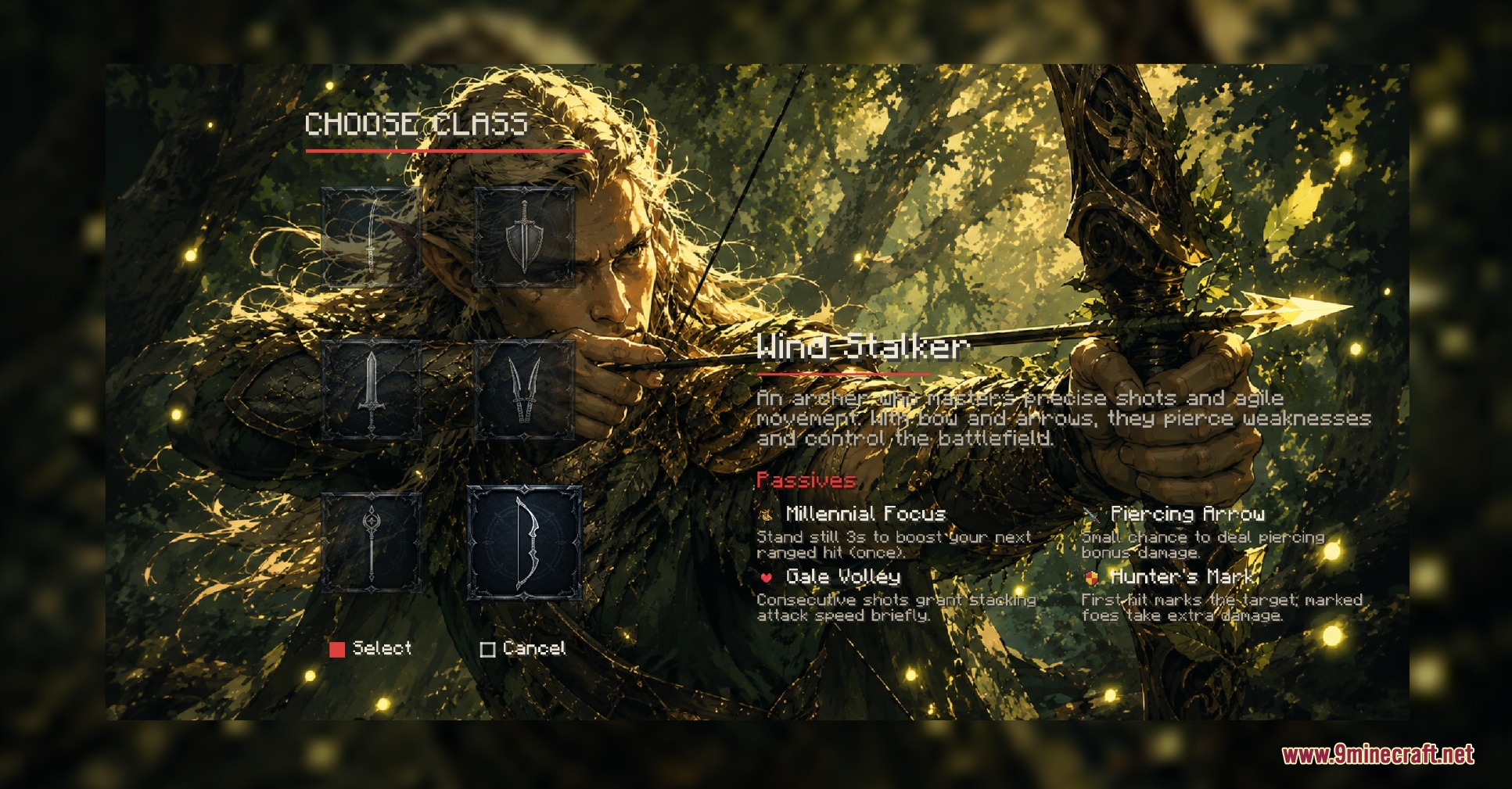 Rise of Heroes Mod Screenshot 6 Wind Stalker class menu featuring an elf archer aiming a bow