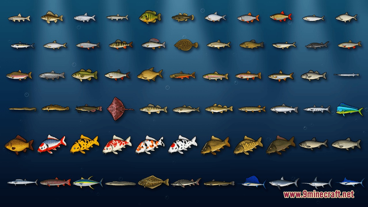 River Fishing Mod Screenshot 1 A grid displaying over sixty unique fish species from the River Fishing Mod