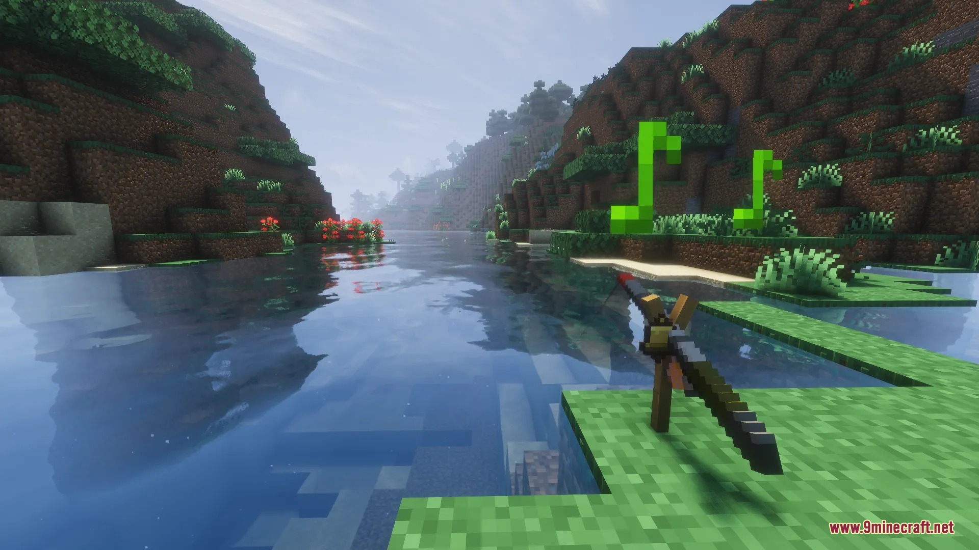 River Fishing Mod Screenshot 2 A fishing rod placed on a riverbank with green music note particles