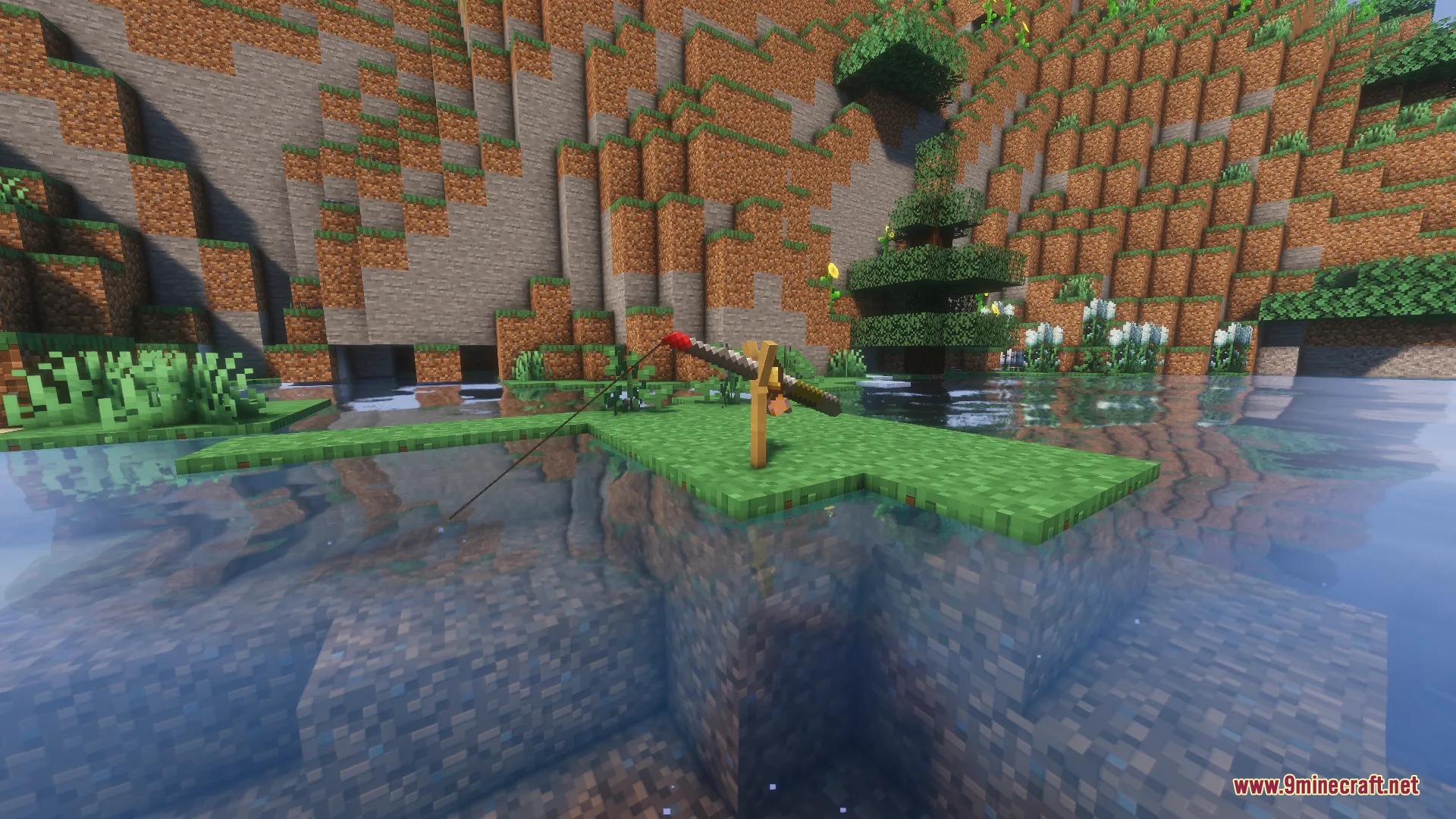 River Fishing Mod Screenshot 4 A fishing rod rests on a stand by a peaceful river in Minecraft