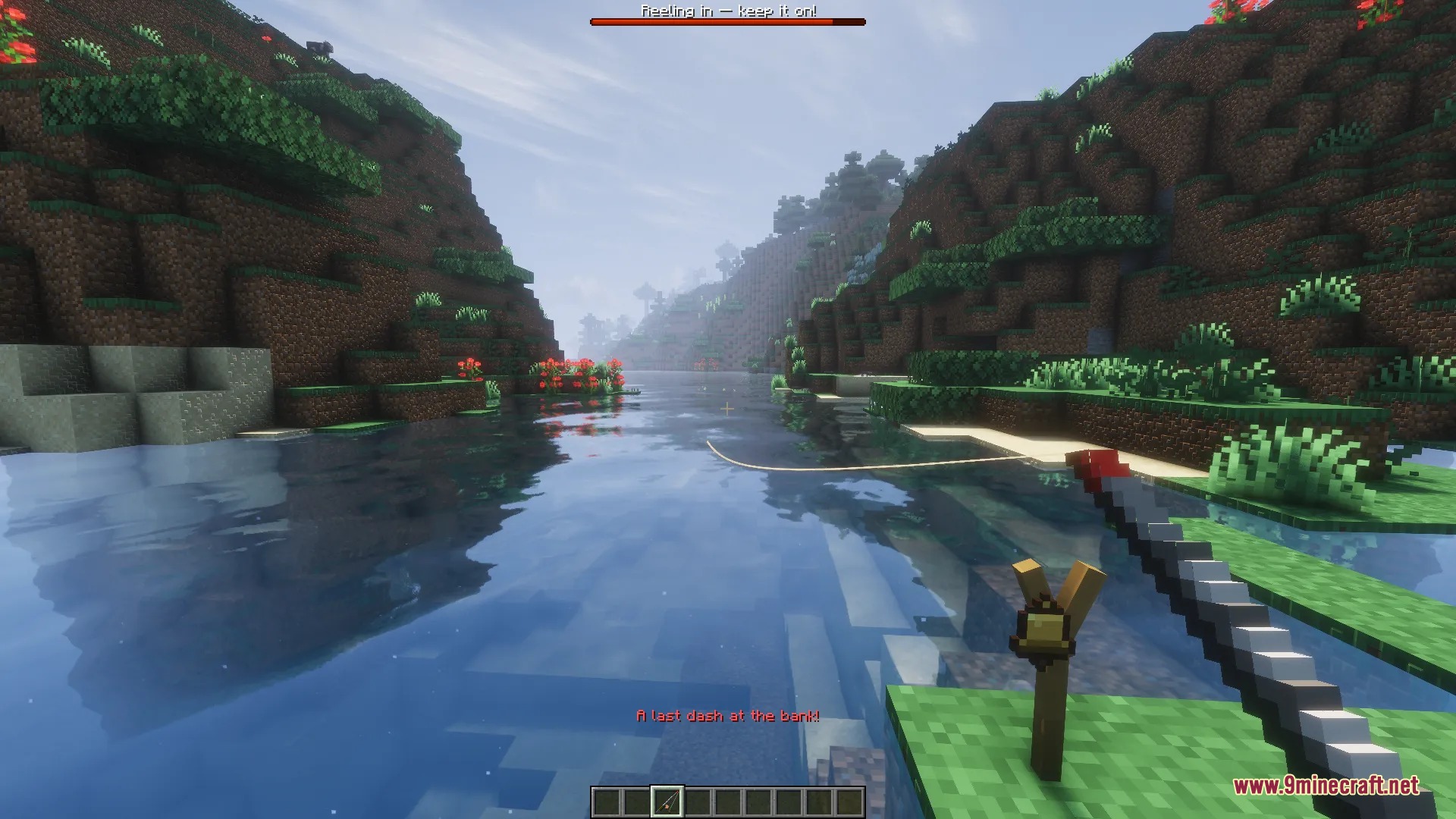 River Fishing Mod Screenshot 5 A player reels in a fish using a custom rod in a river