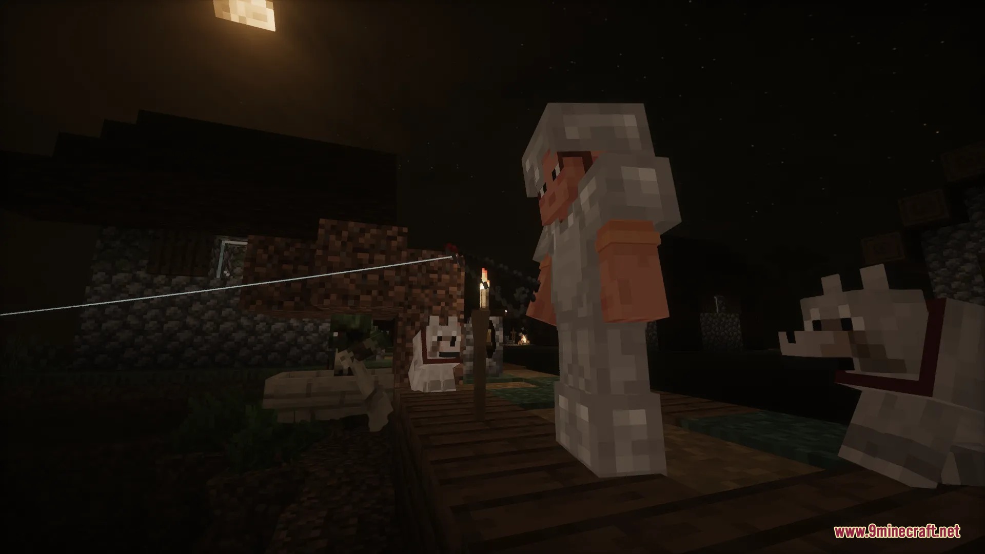 River Fishing Mod Screenshot 7 A player in iron armor stands on a dock at night while fishing