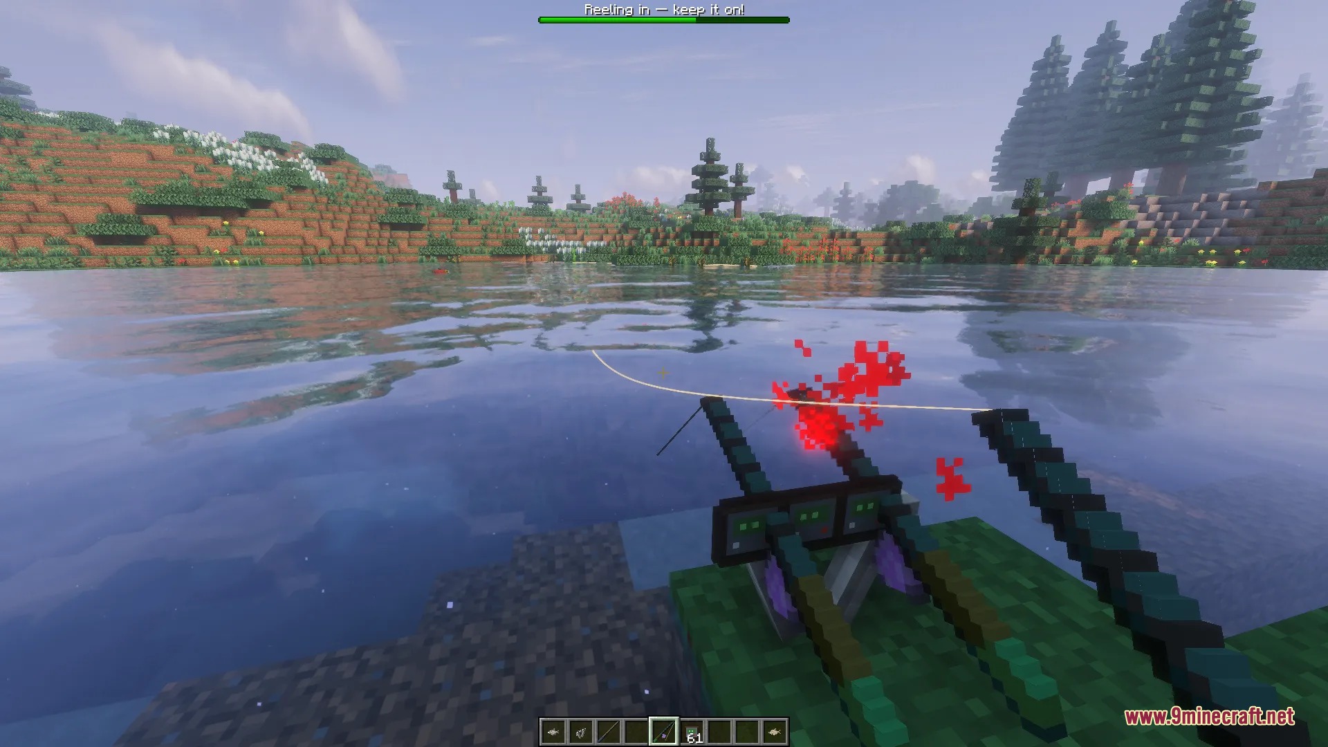 River Fishing Mod Screenshot 8 First person view of a player reeling in a fish on a lake