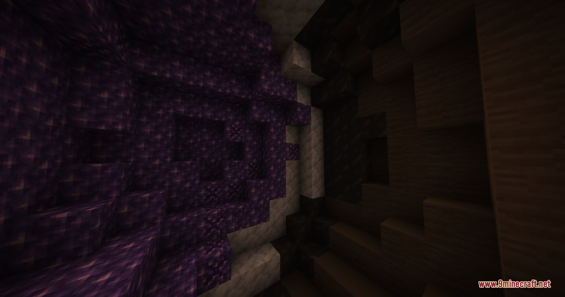 Rocks Done Right Mod Screenshot 8 Purple amethyst crystals and white calcite blocks inside a dark underground cave