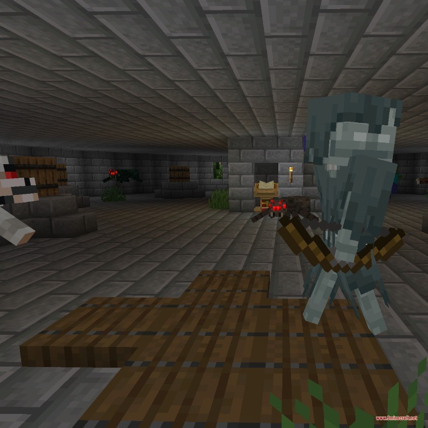 Stray skeleton and spiders guarding a dungeon floor with loot barrels