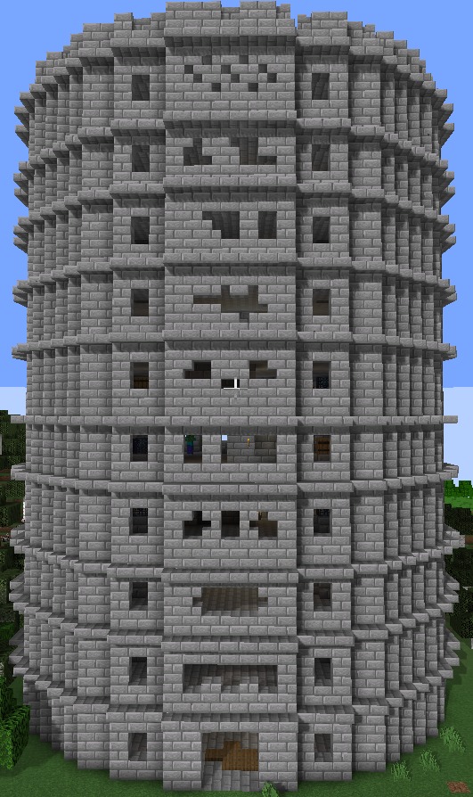 The Roguelike Tower structure standing tall in a lush green forest biome