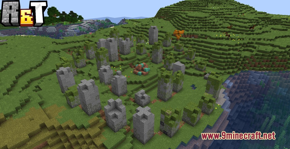 Ruins and Towers Mod Screenshot 1 Ancient stone pillars form a circular monument on a green grassy hill