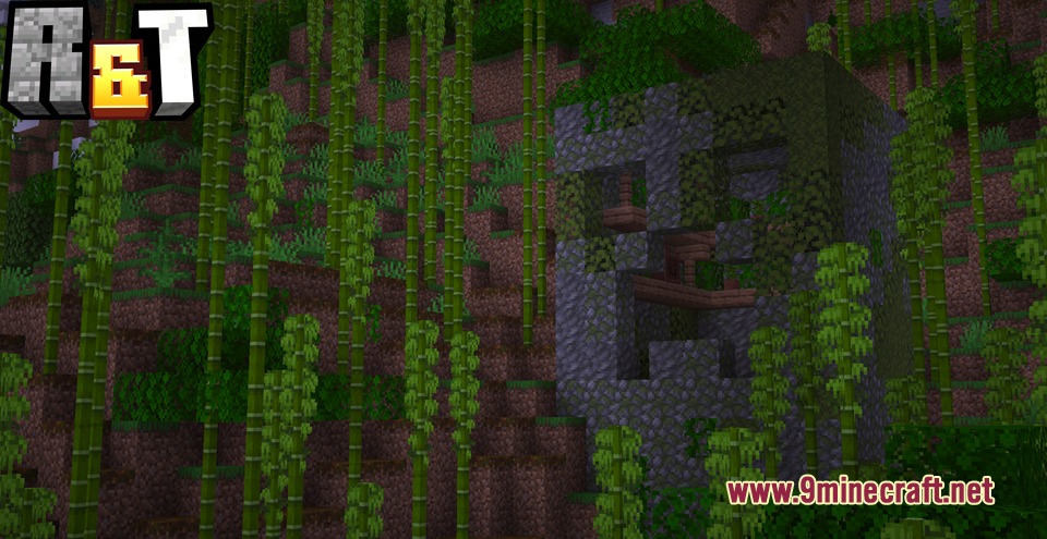 Ruins and Towers Mod Screenshot 2 A mossy stone shrine shaped like a creeper face in bamboo jungle