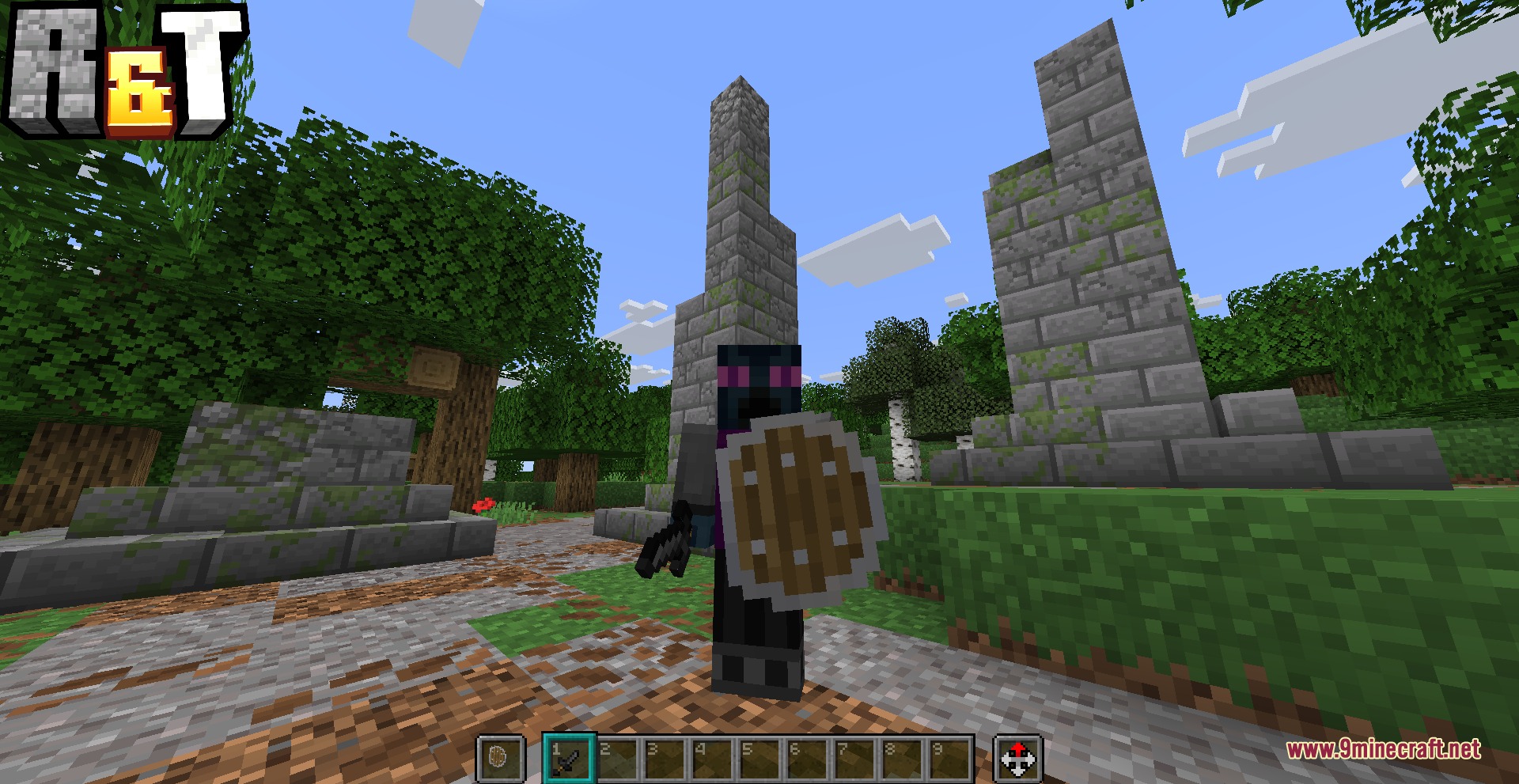Ruins and Towers Mod Screenshot 3 A player character holding a wooden shield and sword near stone ruins