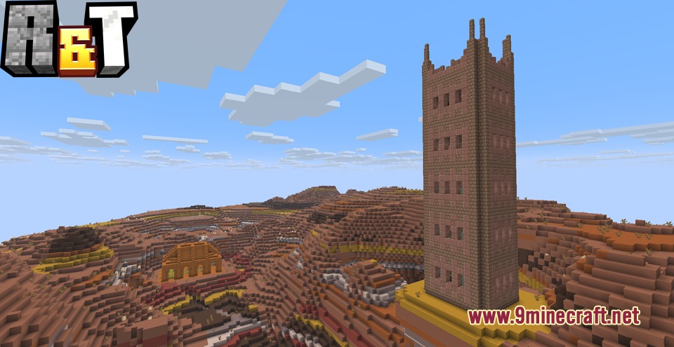 Ruins and Towers Mod Screenshot 5 A tall brown dry challenge tower stands in a vast badlands biome