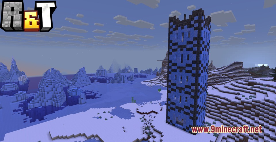 Ruins and Towers Mod Screenshot 6 A tall blue chilling challenge tower stands in a snowy winter biome