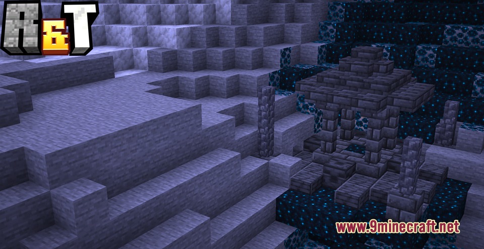 Ruins and Towers Mod Screenshot 7 A stone sculk chimney structure surrounded by dark blocks in a cave