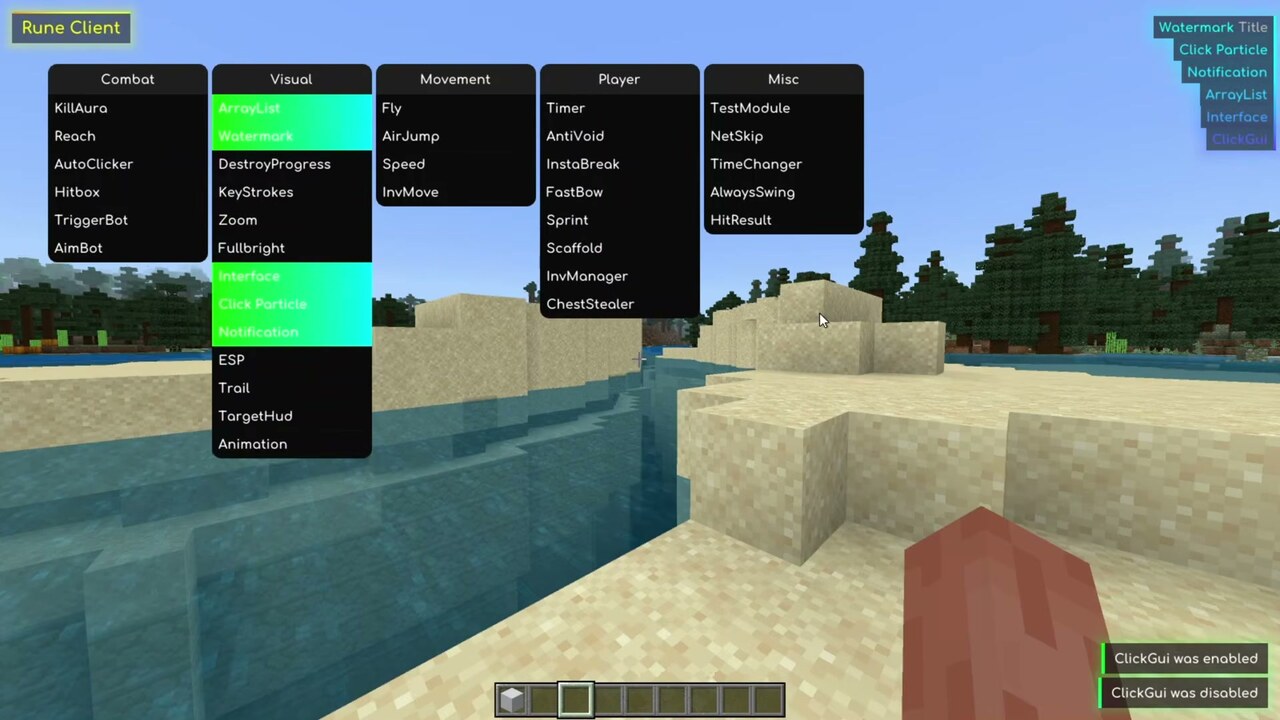 Rune Client ClickGUI opened with the Insert key