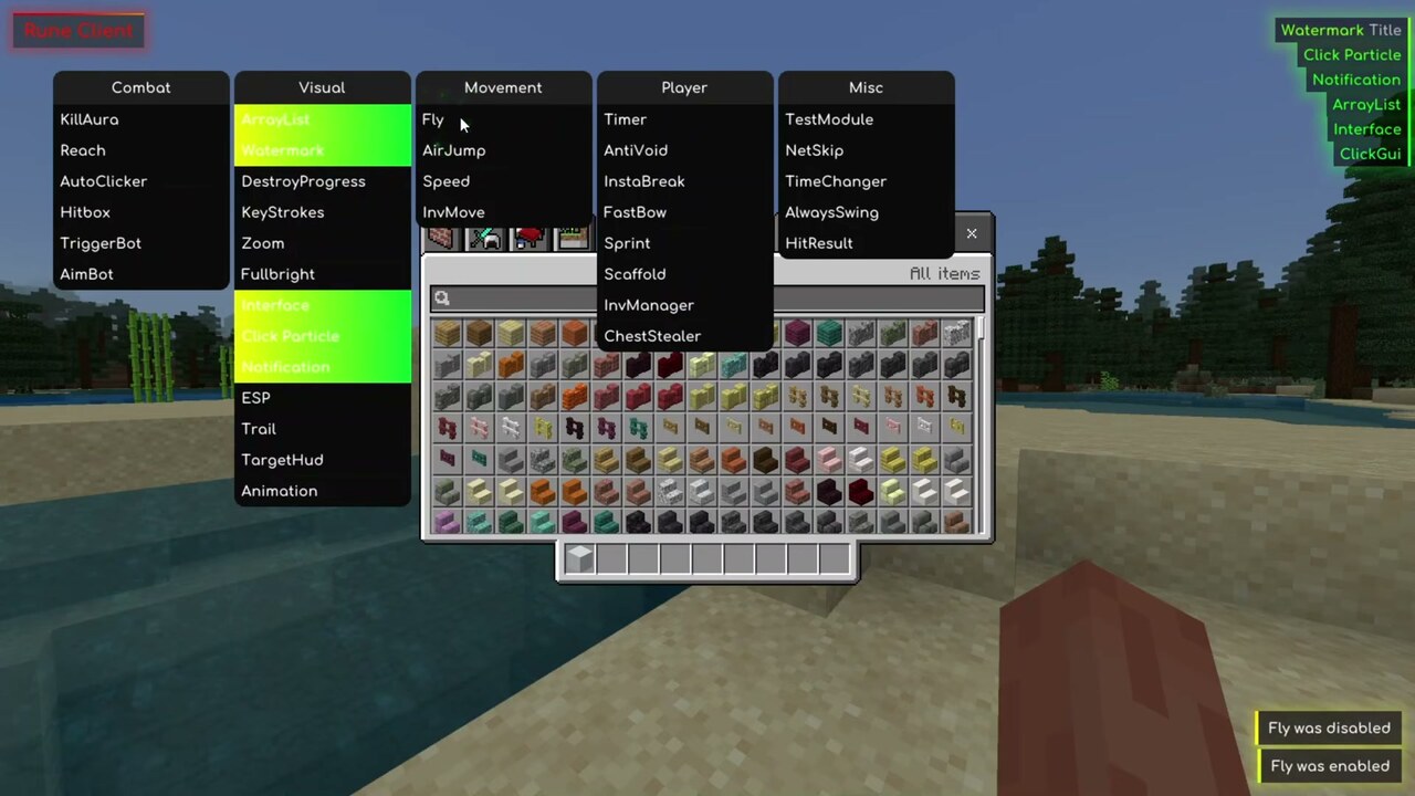Fly module enabled in Rune Client for Minecraft Bedrock