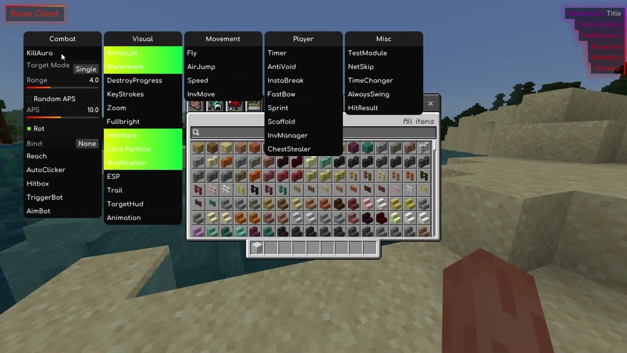 KillAura settings with Target Mode, Range and Random APS
