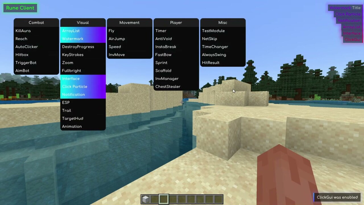 Rune Client MCPE ClickGUI with all module categories