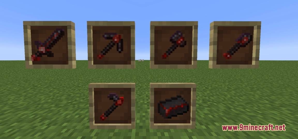 Russo Tweaks Resource Pack Screenshot 1 Dark tools and ingot with red glowing accents displayed in item frames